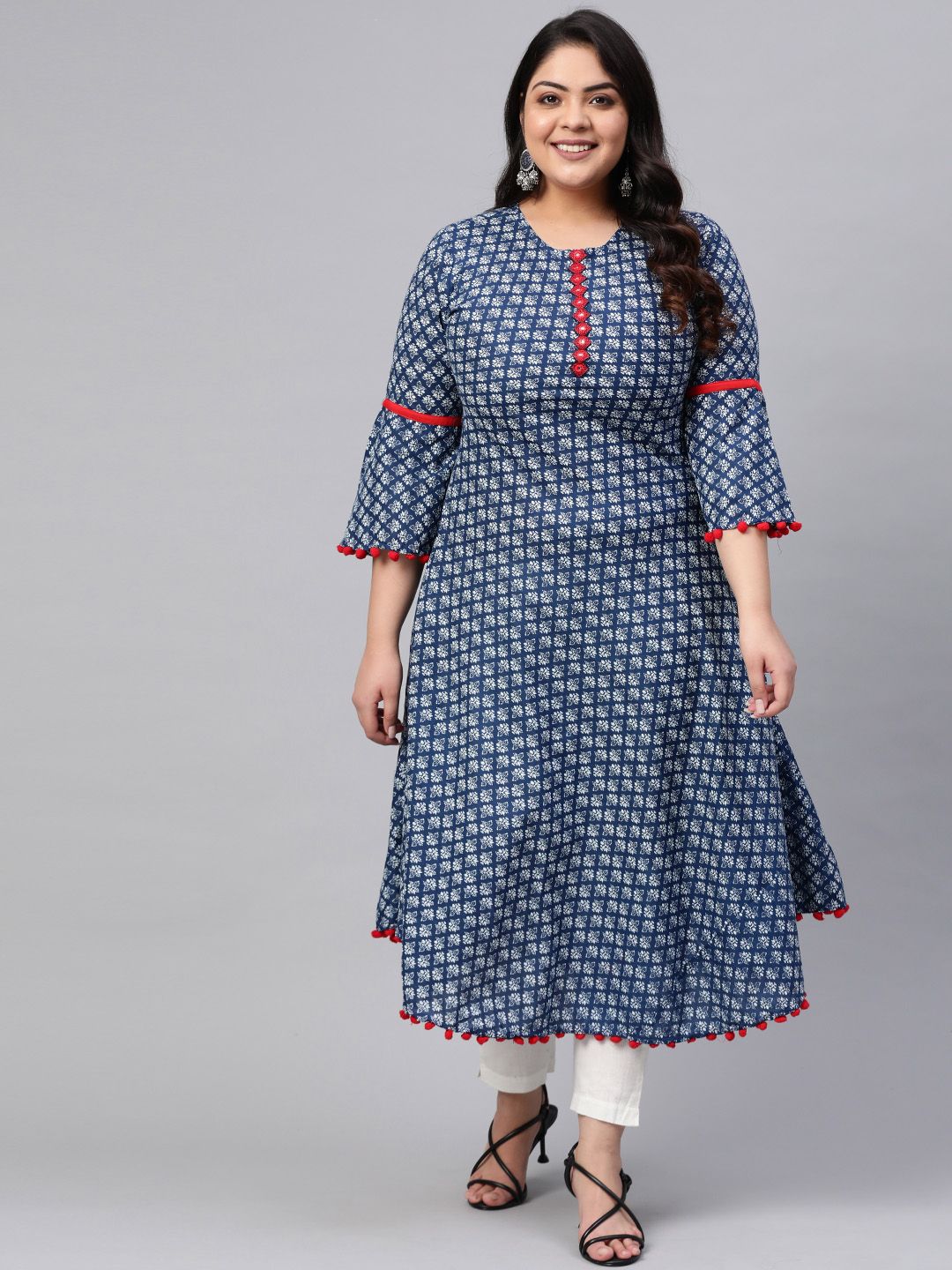YASH GALLERY Plus Size Women Blue & White Printed A-Line Kurta Price in India