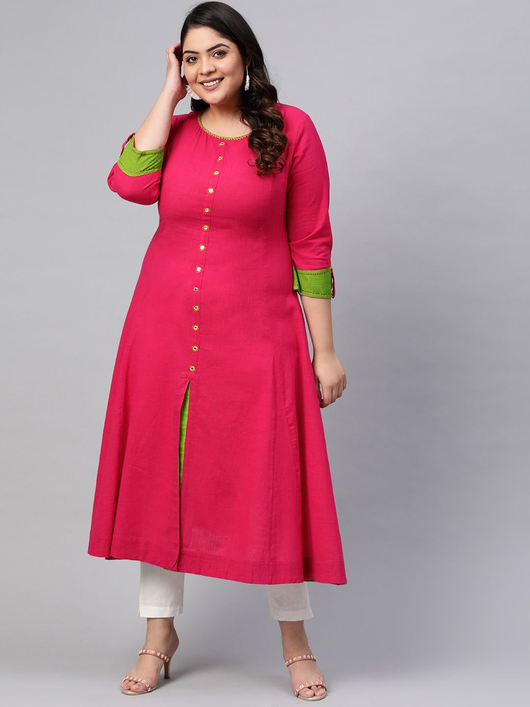 YASH GALLERY Women Plus Size Pink Solid A-Line Kurta with Front Slit & Mirror Work Detail Price in India