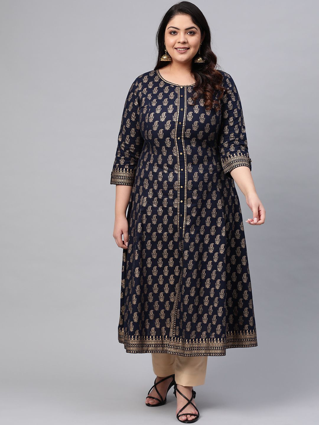 YASH GALLERY Women Plus Size Navy Blue & Golden Printed A-Line Kurta Price in India