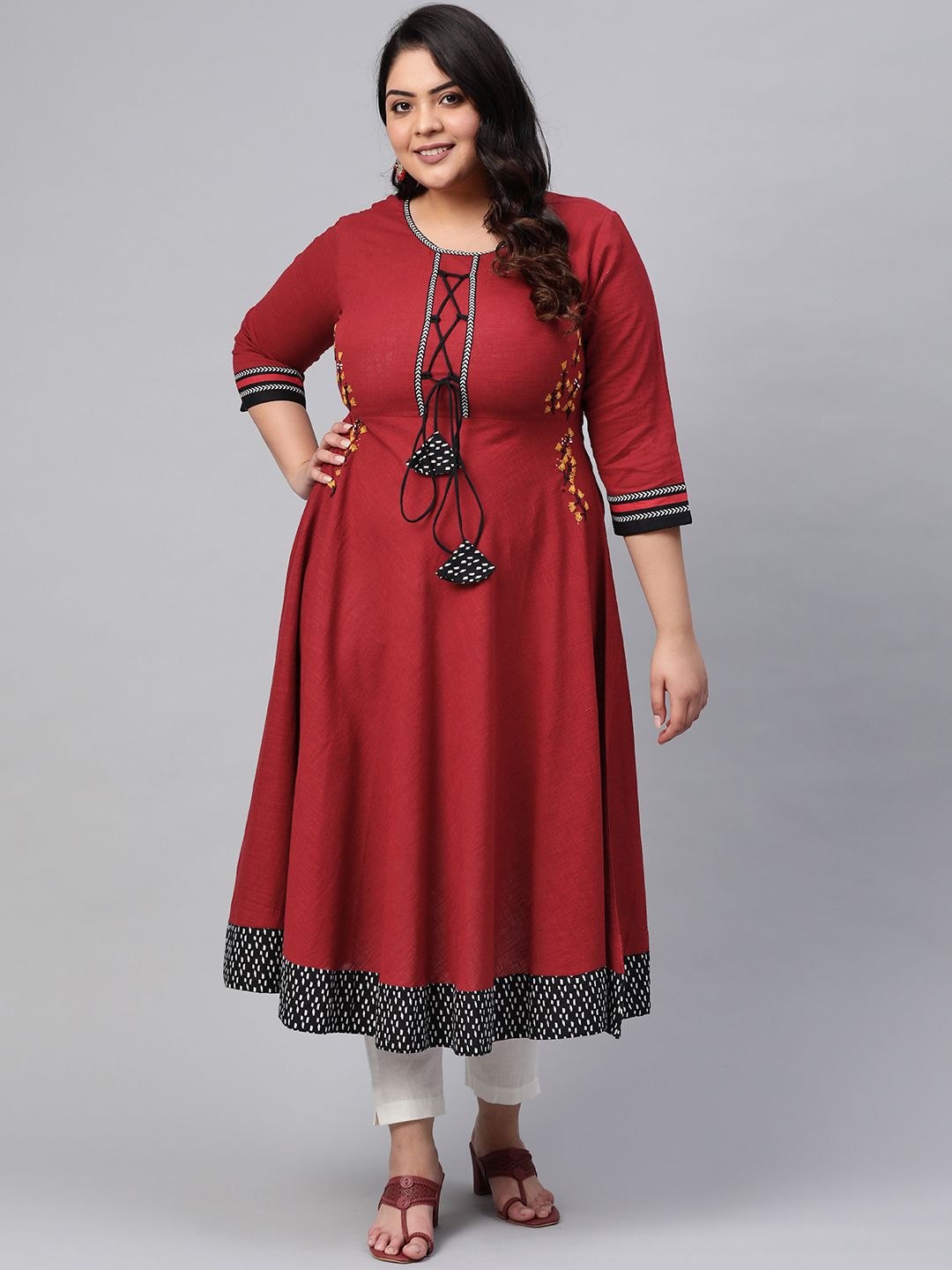 YASH GALLERY Women Plus Size Maroon Embroidered Detail A-Line Kurta Price in India