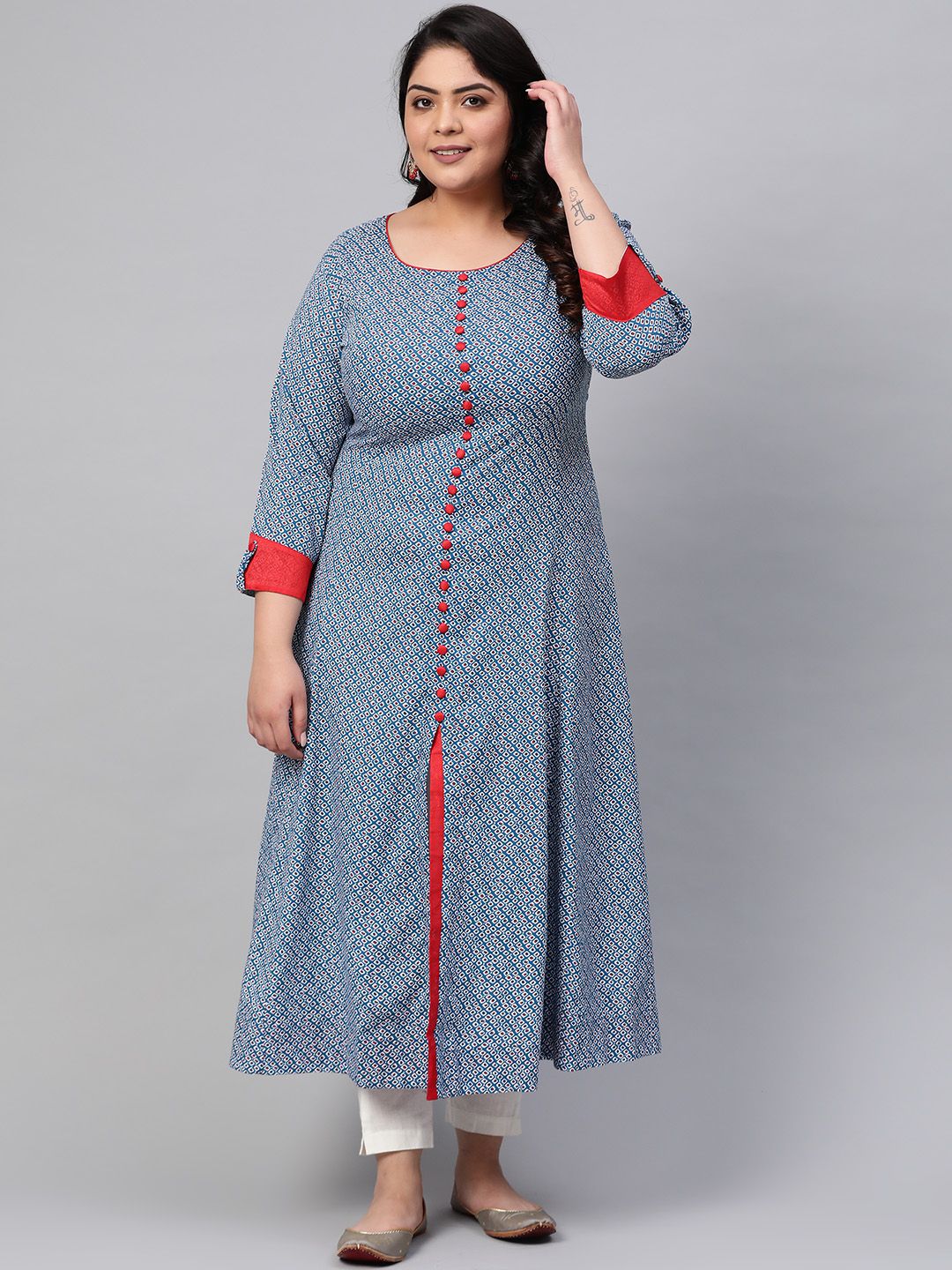 YASH GALLERY Plus Size Women Navy Blue & White Geometric Print A-Line Kurta with Frontslit Price in India