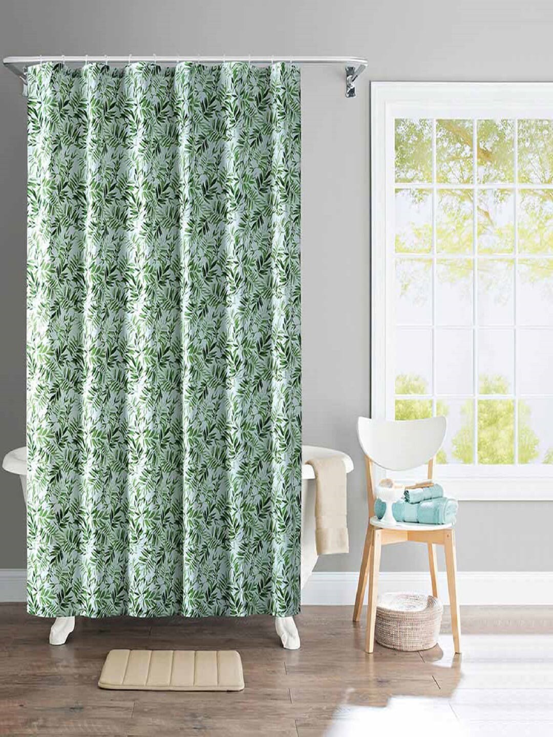 Deco Window Green & White Water Repellant Shower Curtain with Hooks Price in India