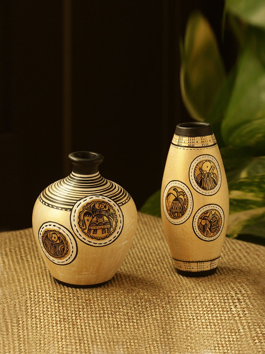 ExclusiveLane Gold-Toned & Black Terracotta Handpainted Vases Price in India