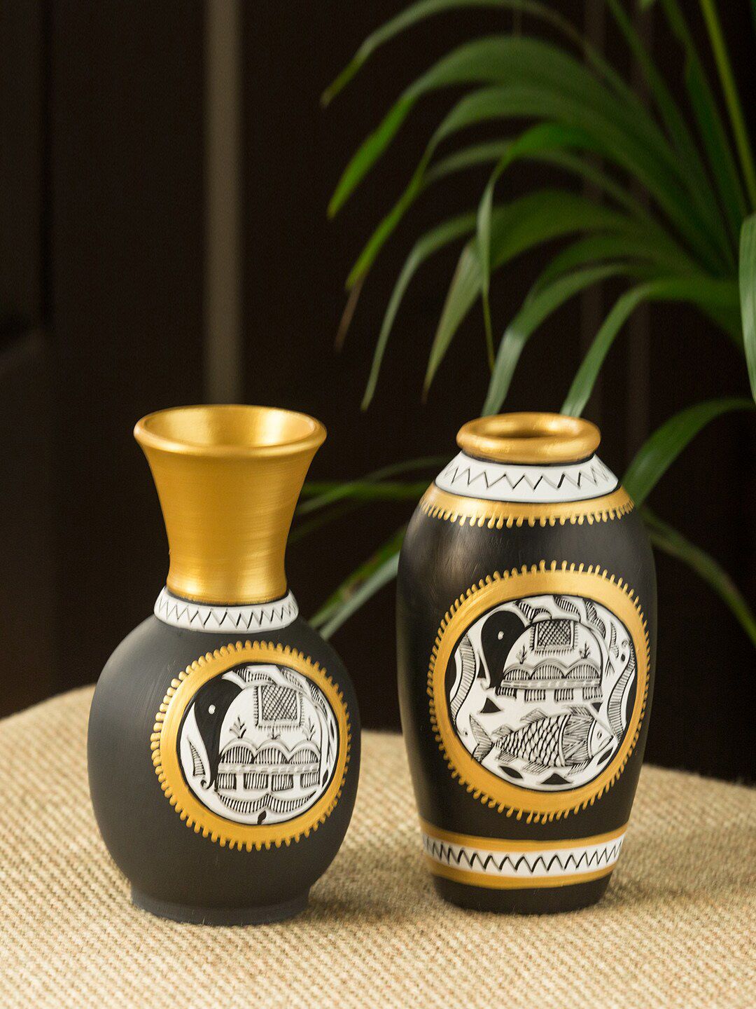 ExclusiveLane Set Of 2 Intricate Madhubani Hand-Painted Terracotta Vases Price in India