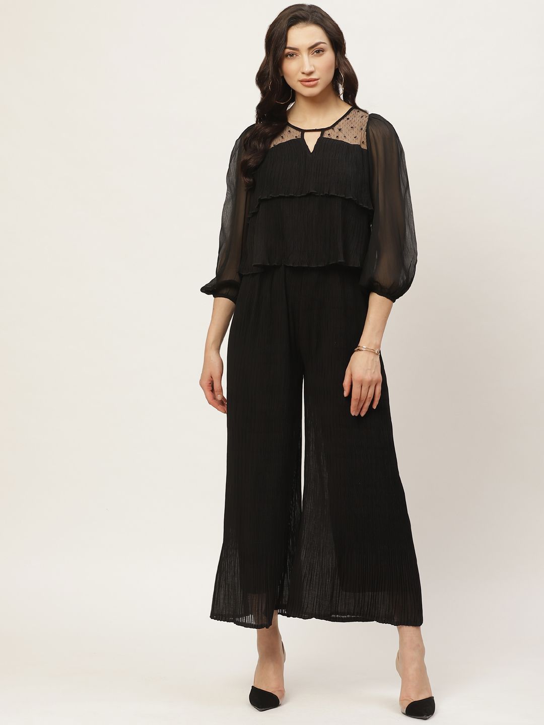Antheaa Women Black Solid Accordion Pleated Layered Basic Jumpsuit Price in India