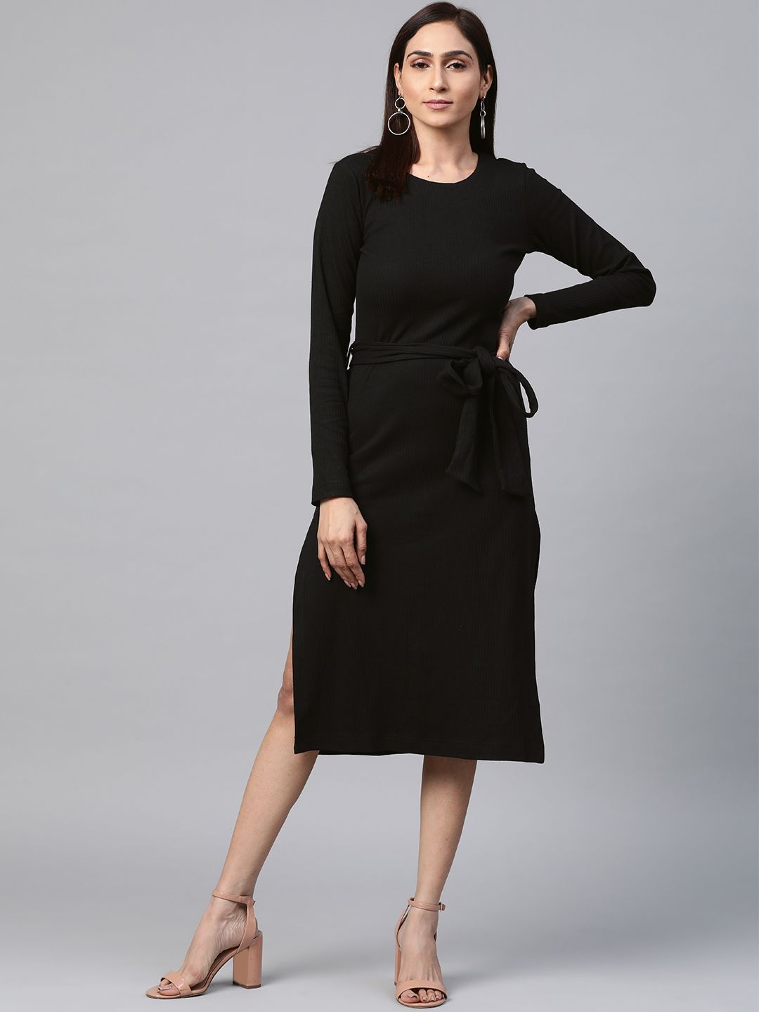 plusS Women Black Ribbed A-Line Dress