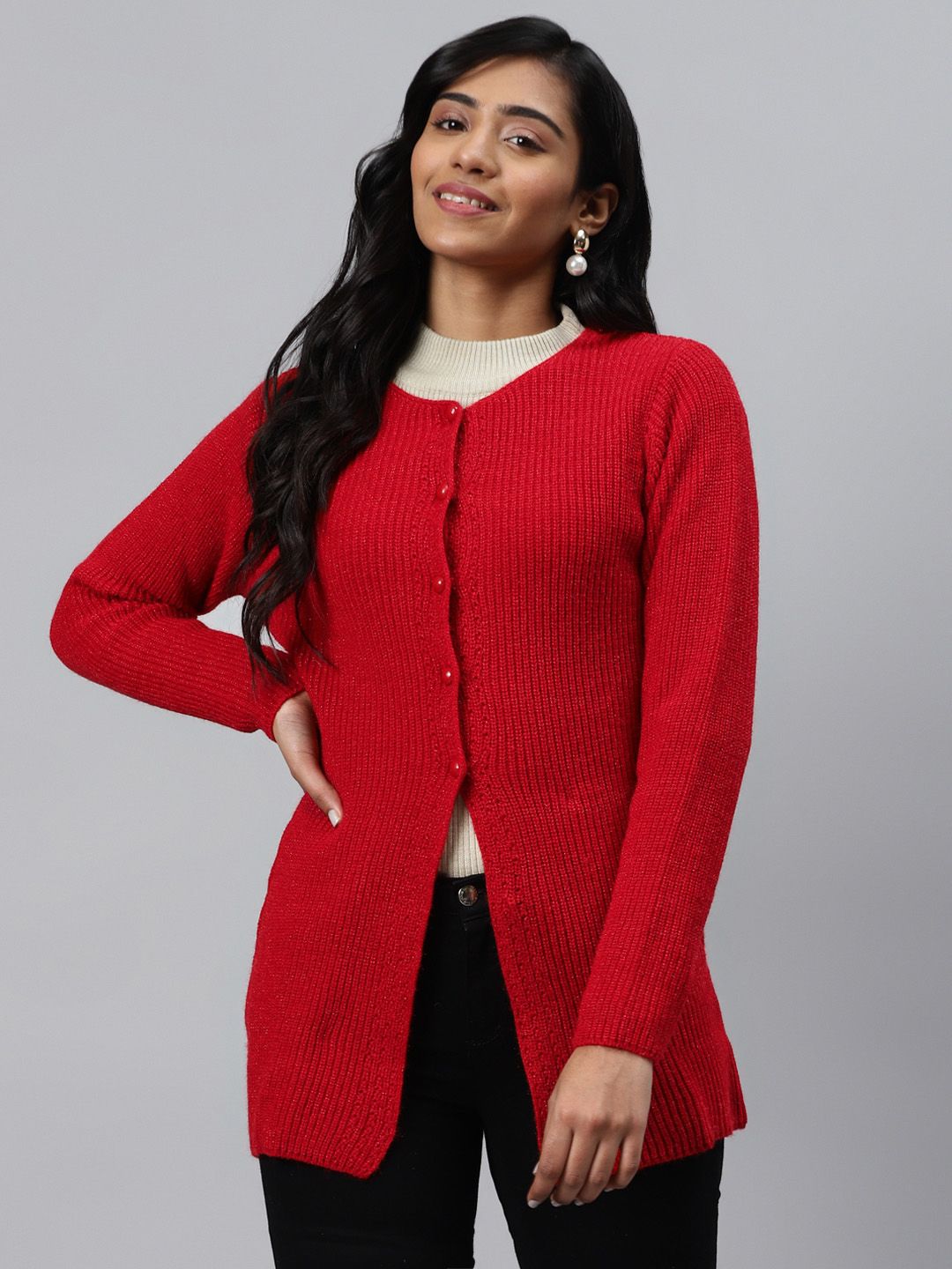 Cayman Women Red Shimmered Longline Woollen Cardigan Price in India