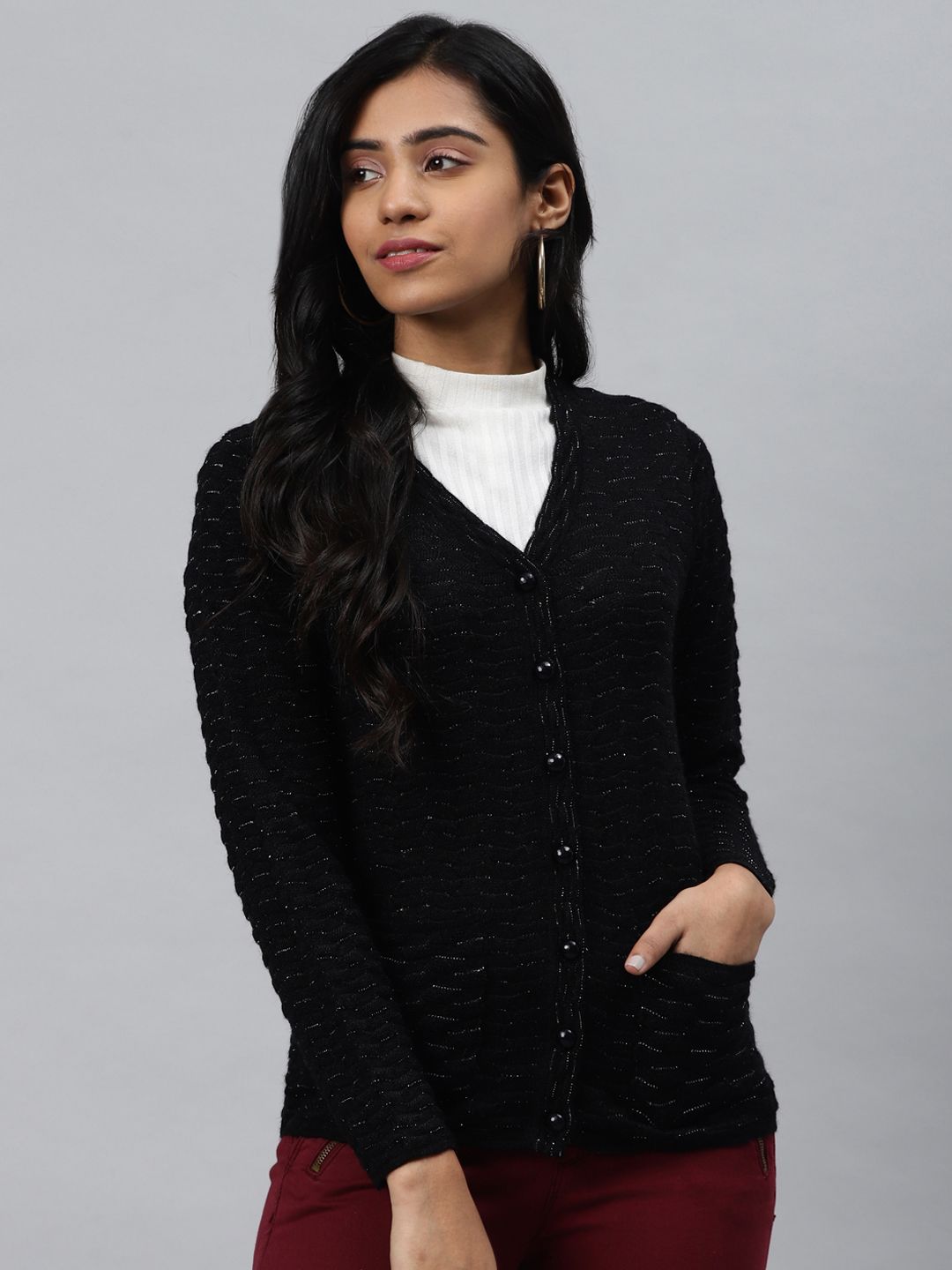 Cayman Women Black Self Design Cardigan Price in India