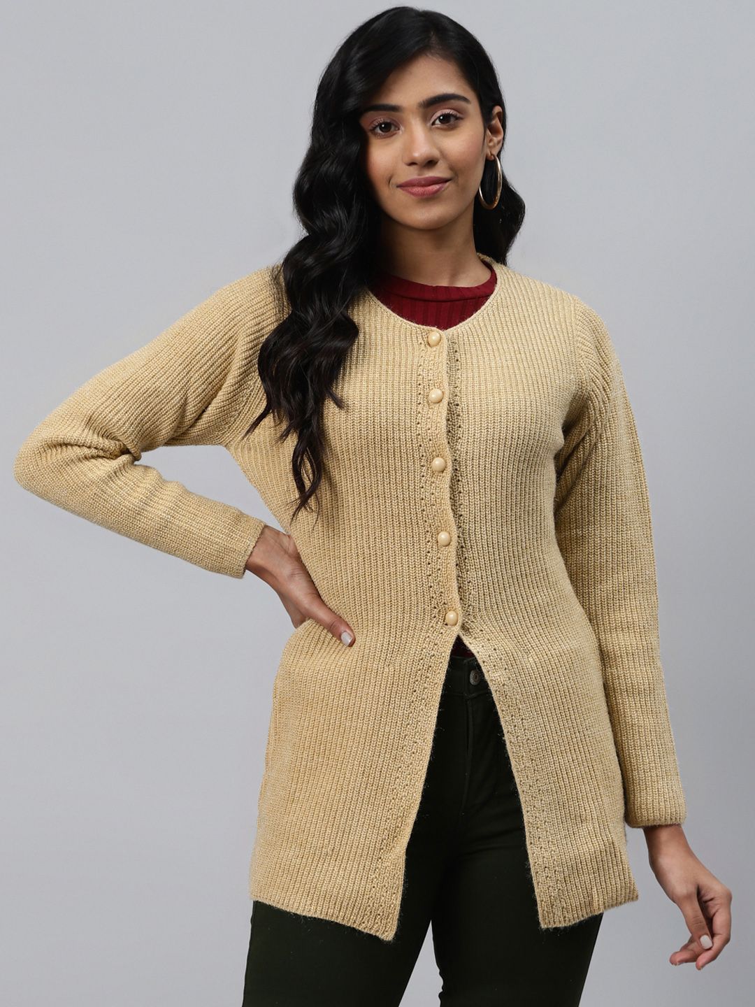 Cayman Women Beige Shimmered Longline Woollen Cardigan Price in India