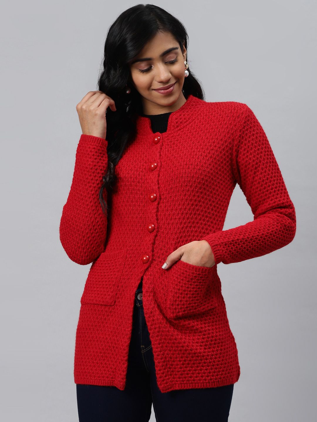 Cayman Women Red Self Design Longline Cardigan Price in India