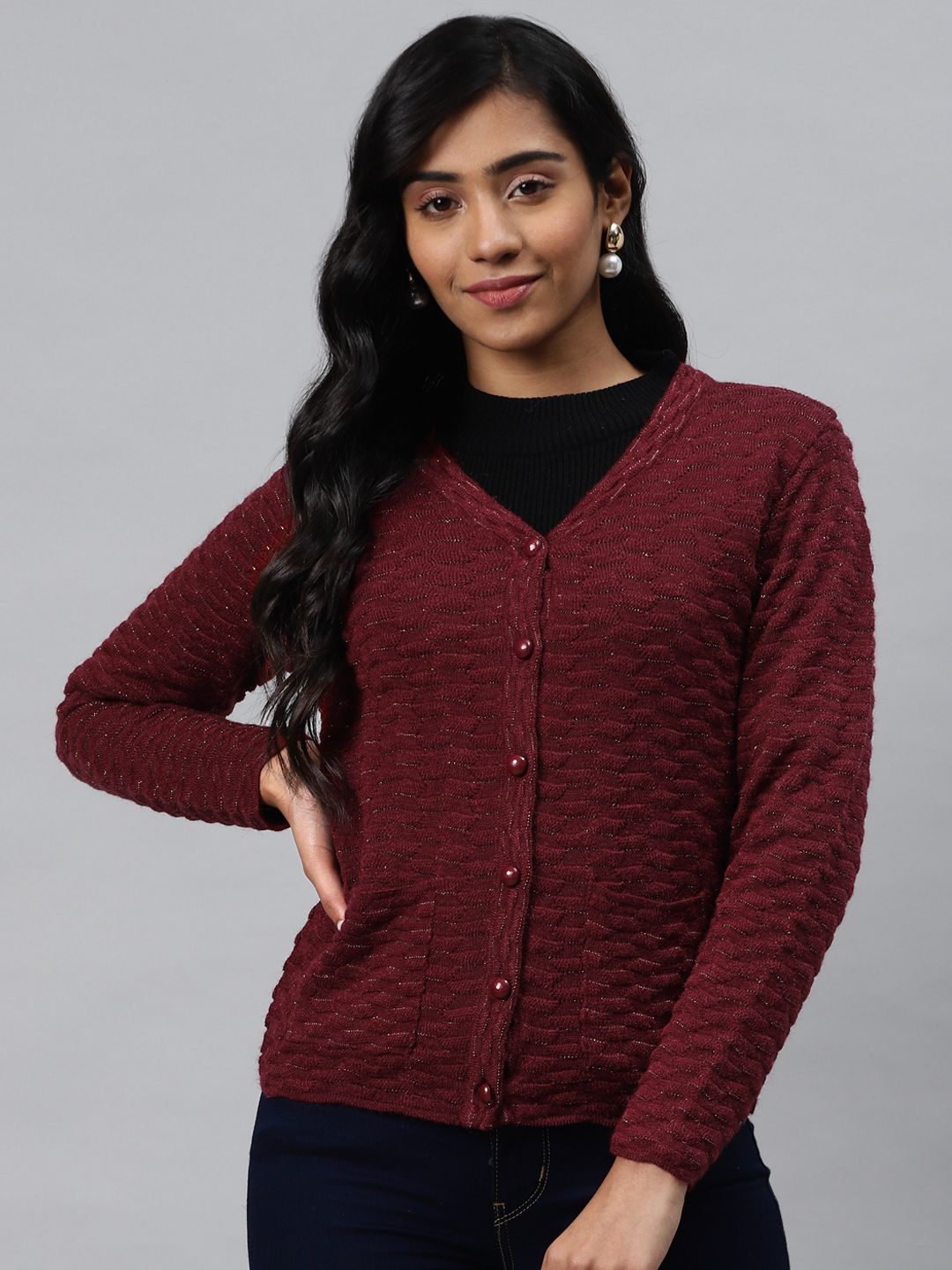 Cayman Women Maroon Woollen Self Design Cardigan Price in India