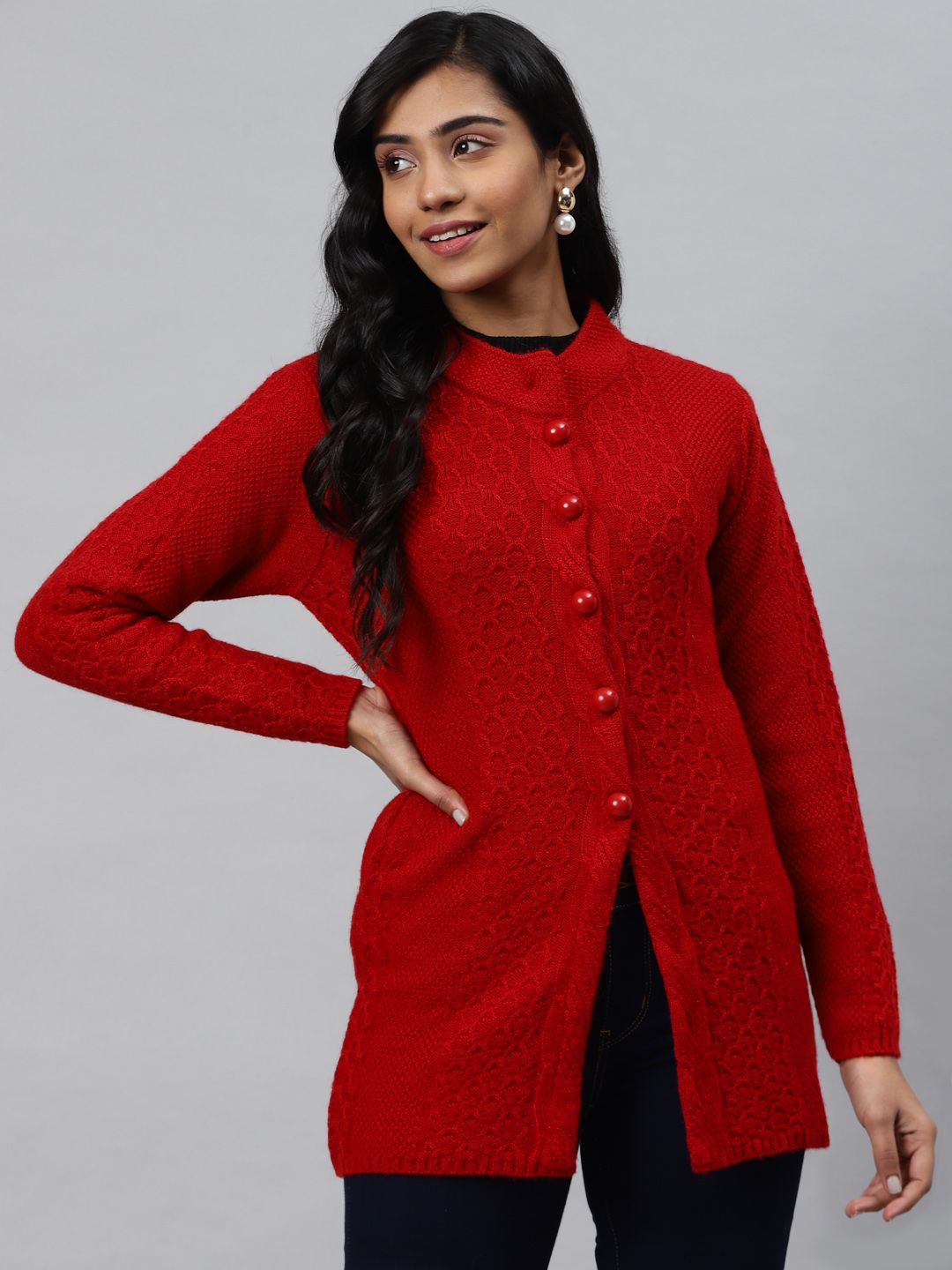 Cayman Women Red Woollen Self Design Longline Cardigan Price in India
