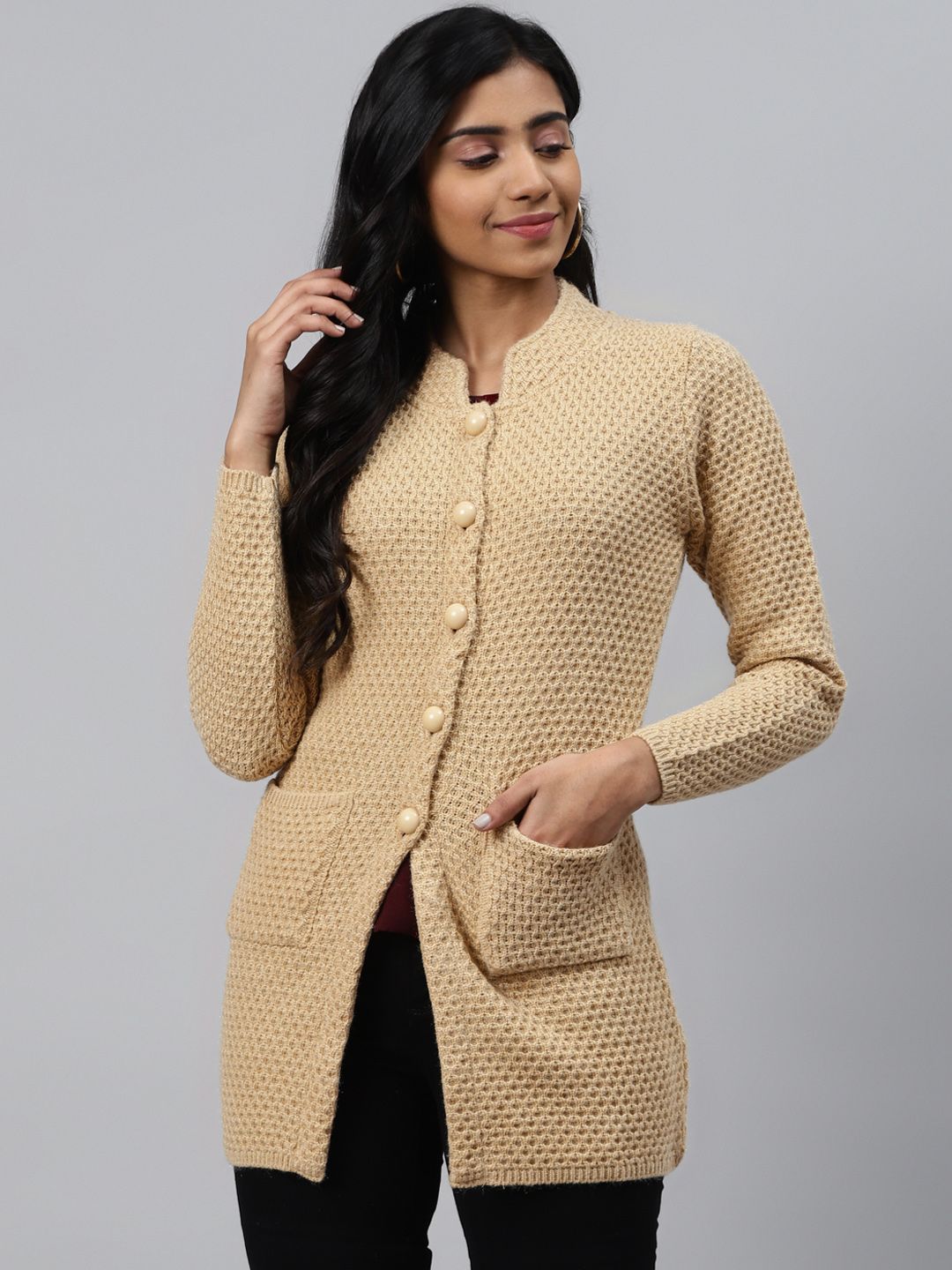 Cayman Women Beige Self Design Longline Cardigan Price in India