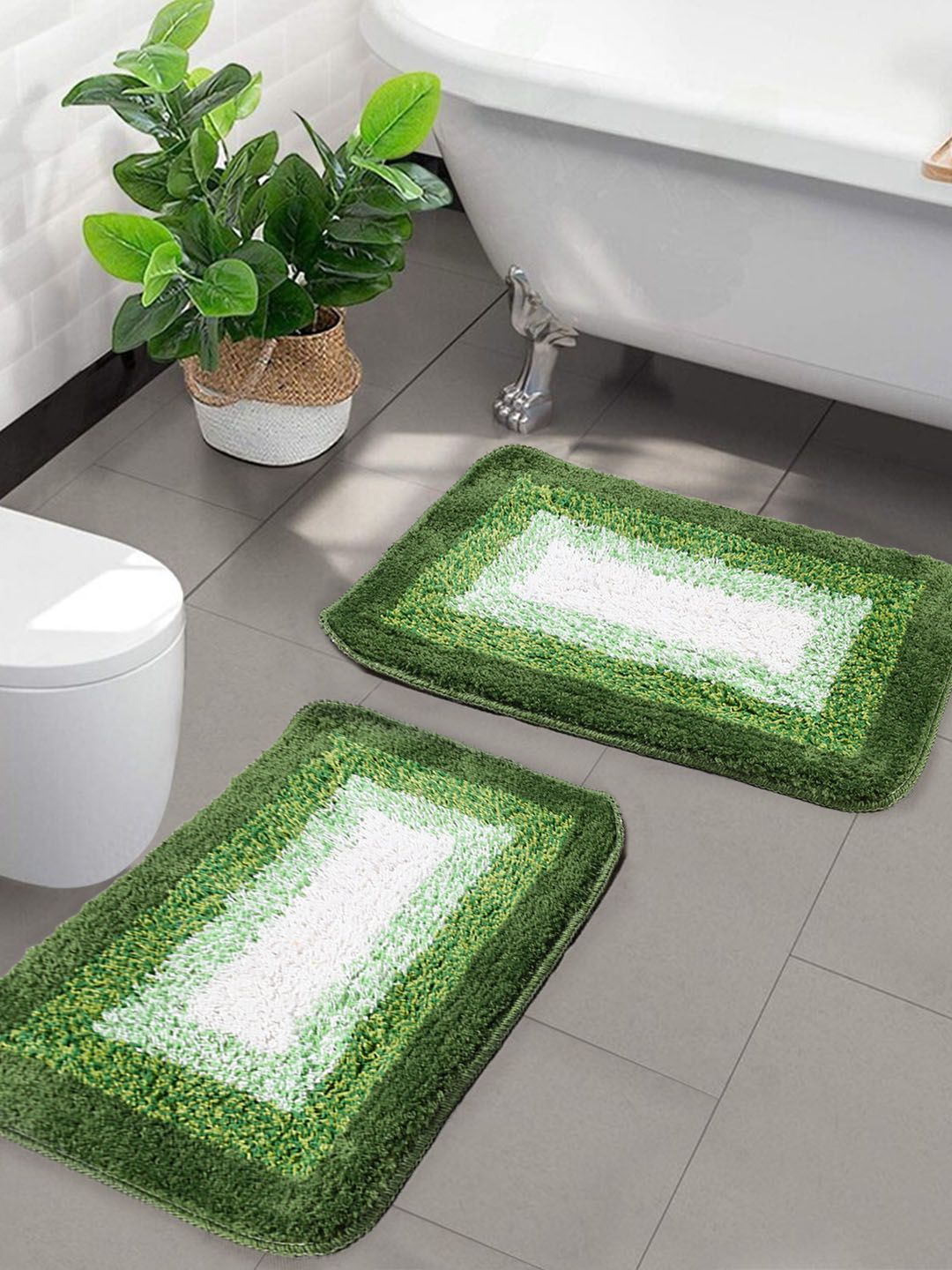 Saral Home Set Of 2 Green & Yellow Textured Anti-Skid Bath Rugs Price in India
