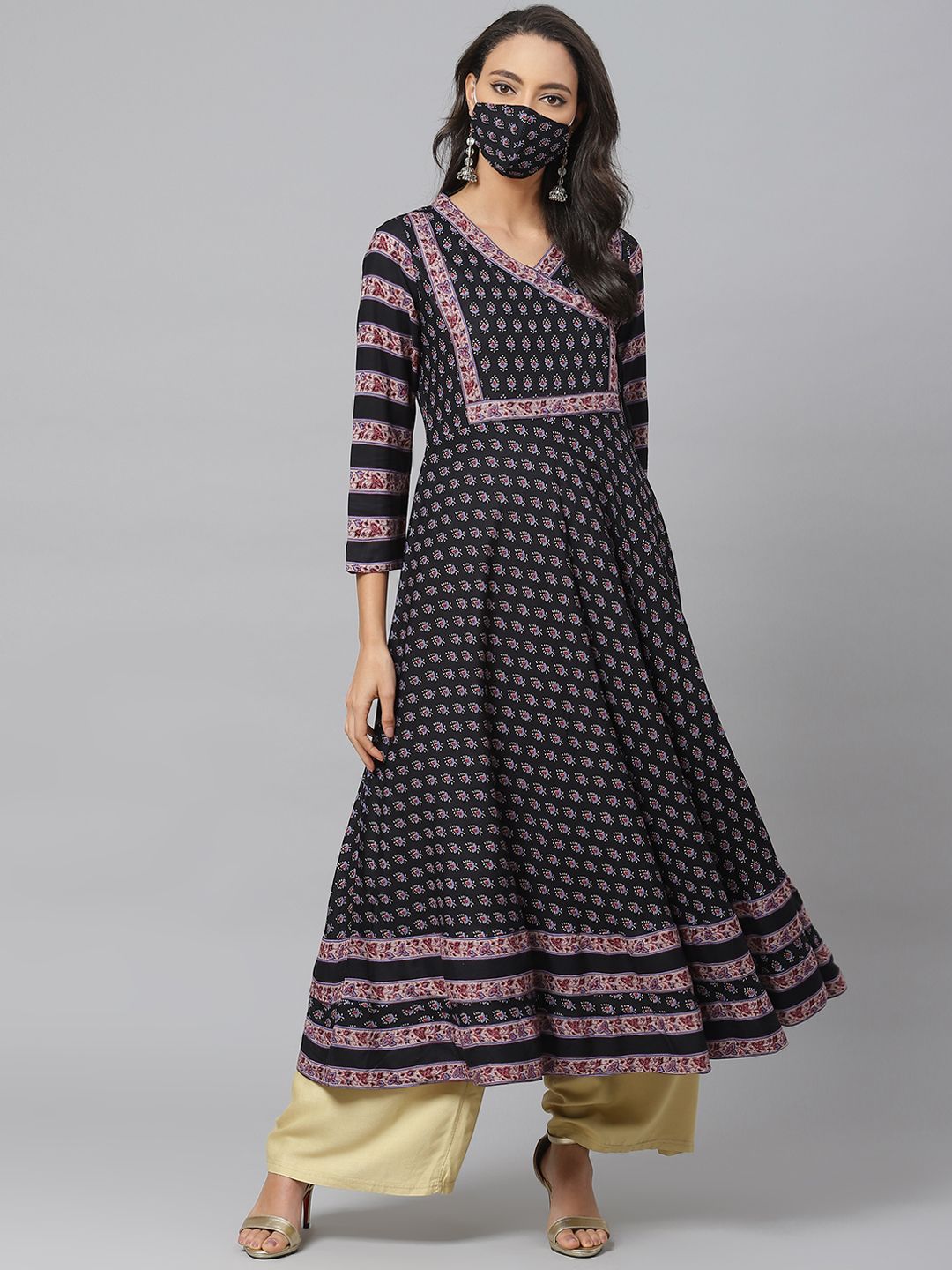 YASH GALLERY Women Black  Red Printed Angrakha Anarkali Kurta Price in India