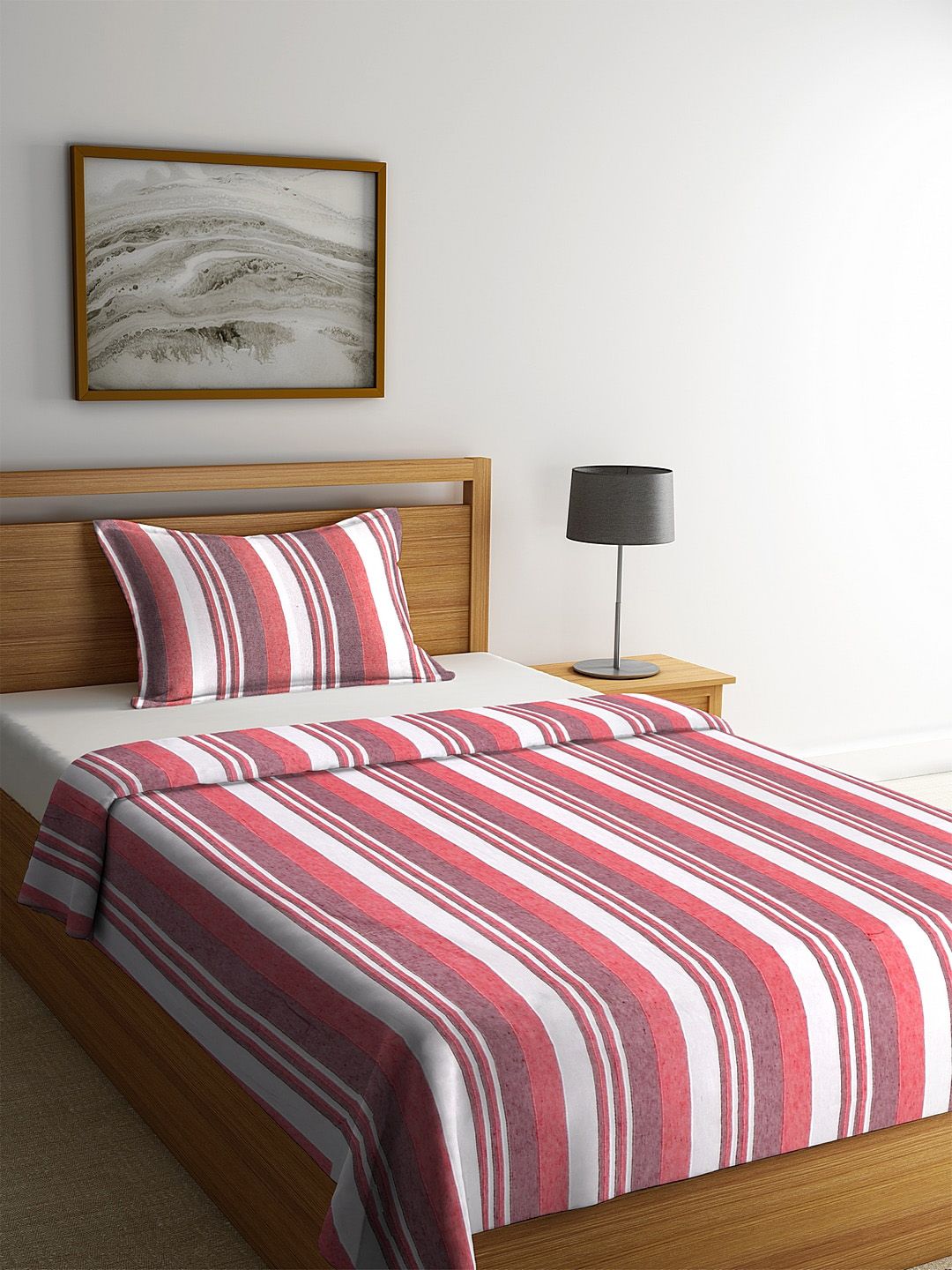 KLOTTHE Pink & Taupe Striped Single Bed Cover With 1 Pillow Cover Price in India
