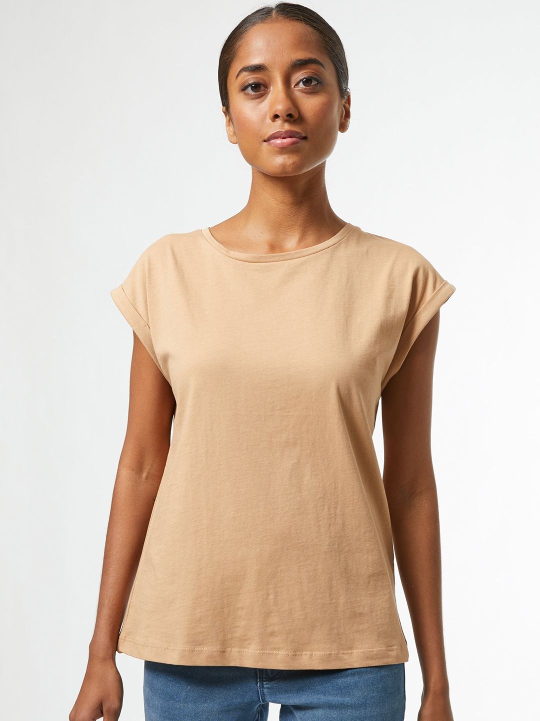 DOROTHY PERKINS Women Beige Petite Organic Cotton Solid Round Neck T-shirt