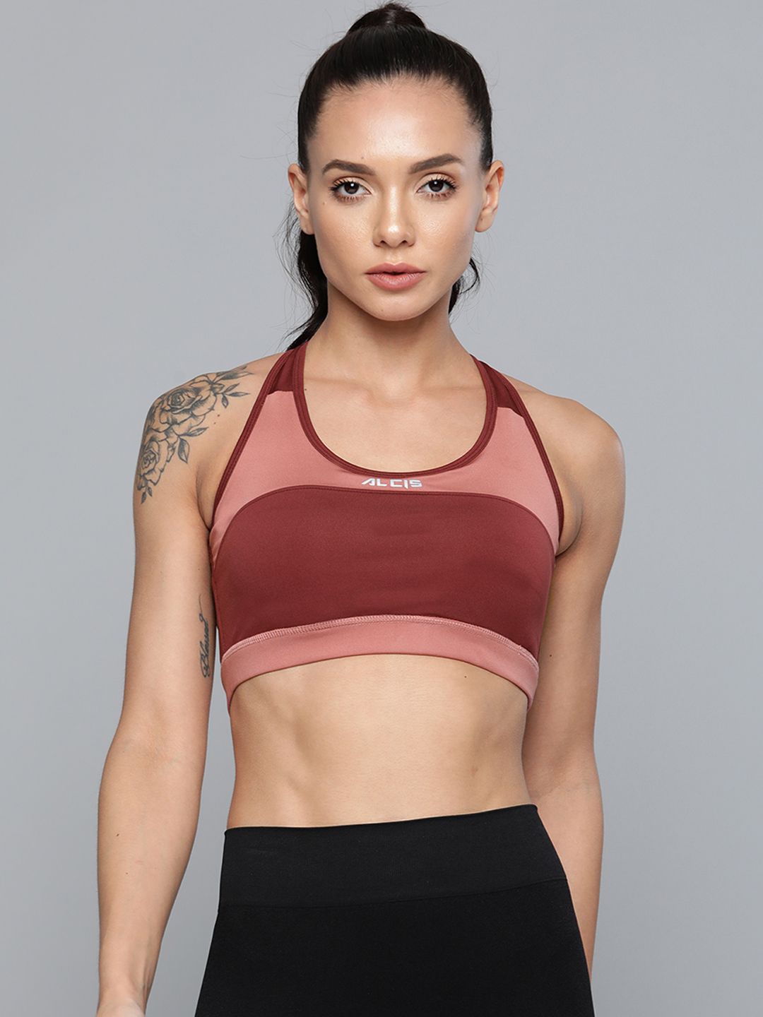 Alcis Burgundy & Pink Colourblocked Workout Bra Full Coverage Lightly Padded Price in India