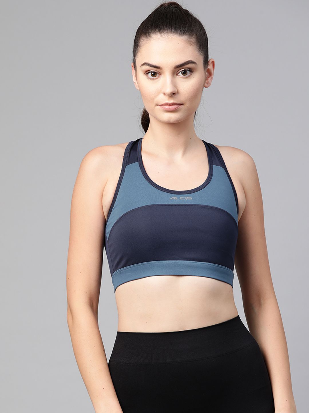 Alcis Navy Blue & Teal Blue Colourblocked Non-Wired Removable Padding Workout Bra Price in India