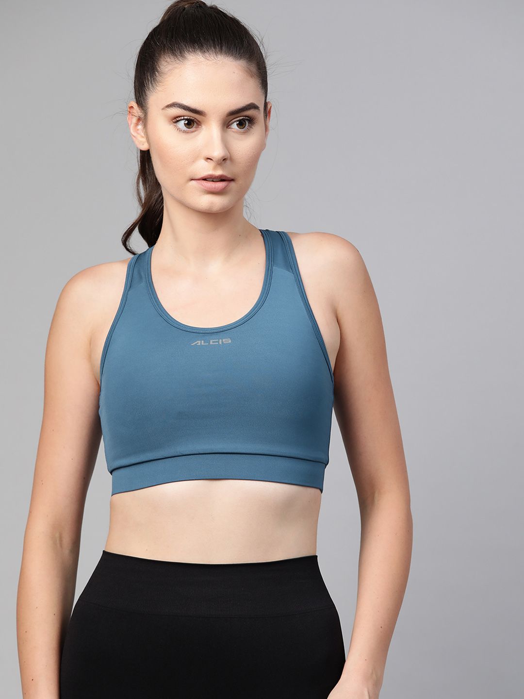 Alcis Teal Blue Solid Non-Wired Removable Padding Workout Bra ECWBTAW2000418 Price in India