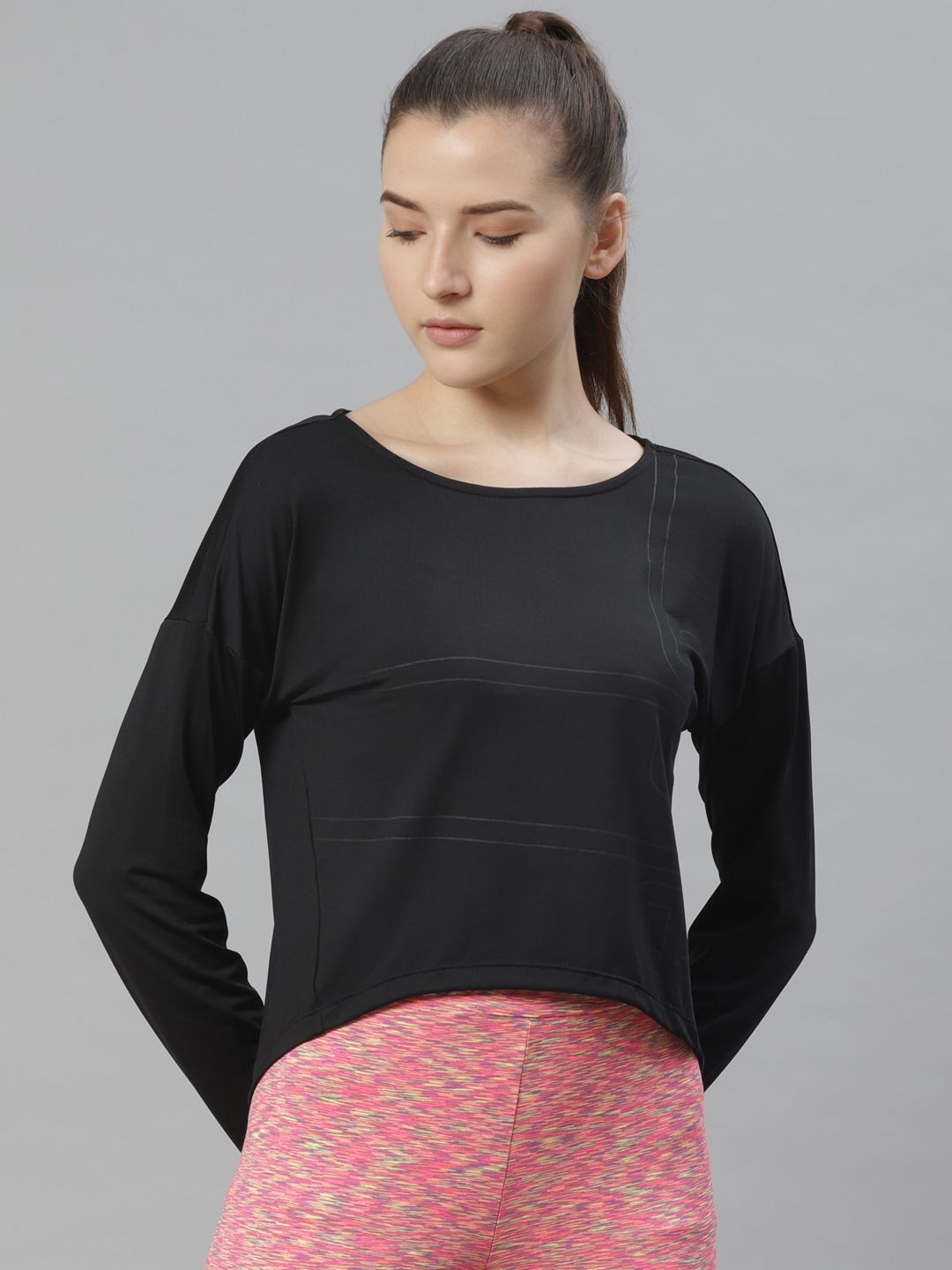 Alcis Women Black Striped Slim Fit Round Neck T-shirt Price in India