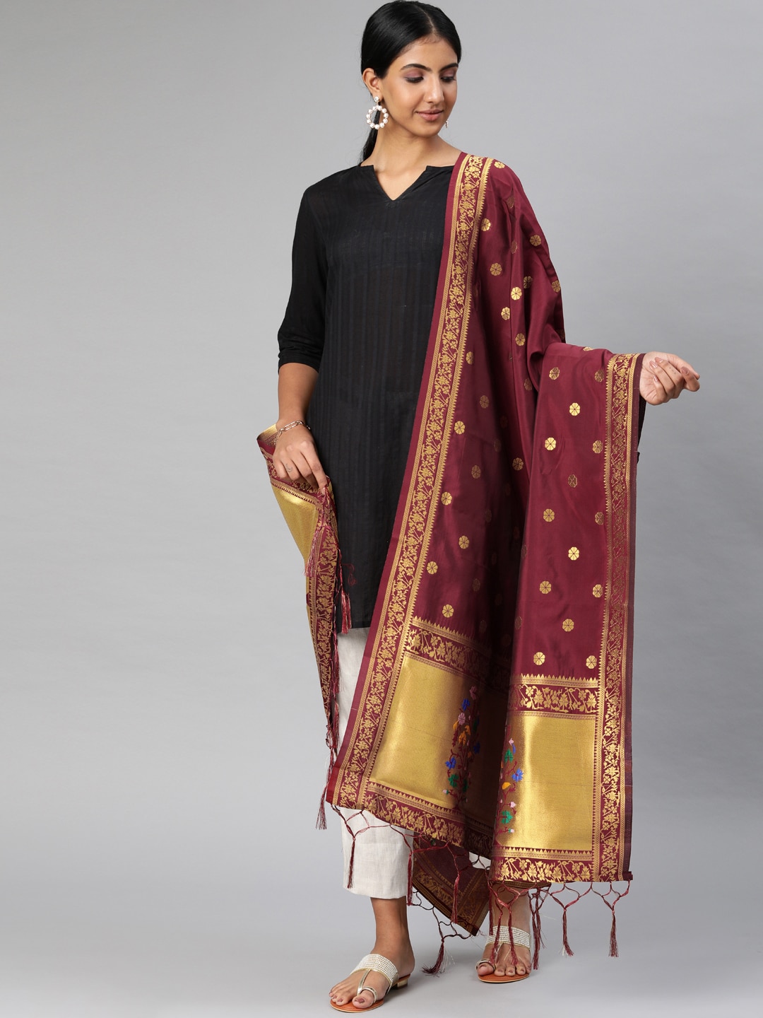 MIMOSA Maroon & Gold-Toned Woven Design Dupatta Price in India