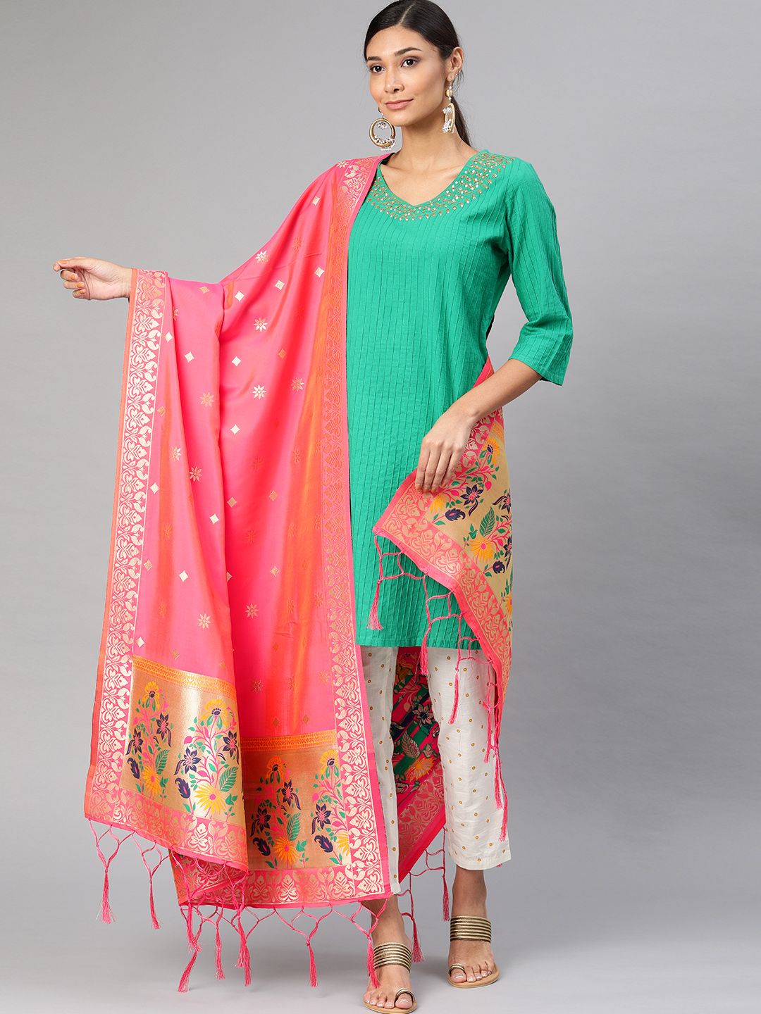 MIMOSA Coral Pink & Gold-Toned Woven Design Dupatta Price in India