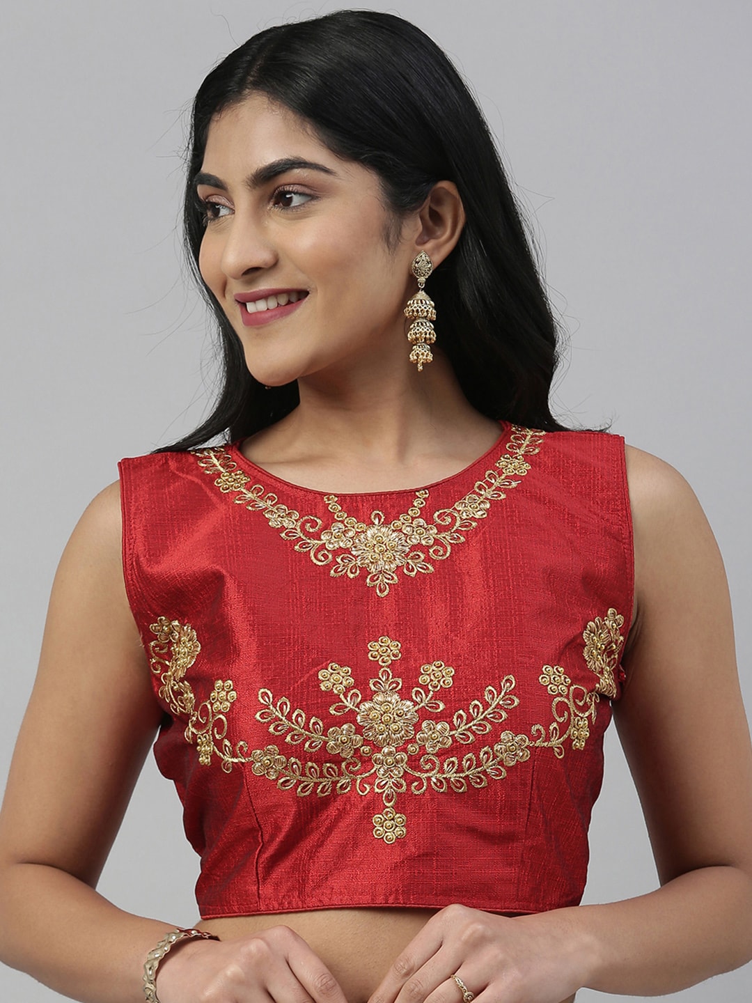 Mimosa Women Maroon & Golden Zari Embroidered Sleeveless Saree Blouse Price in India