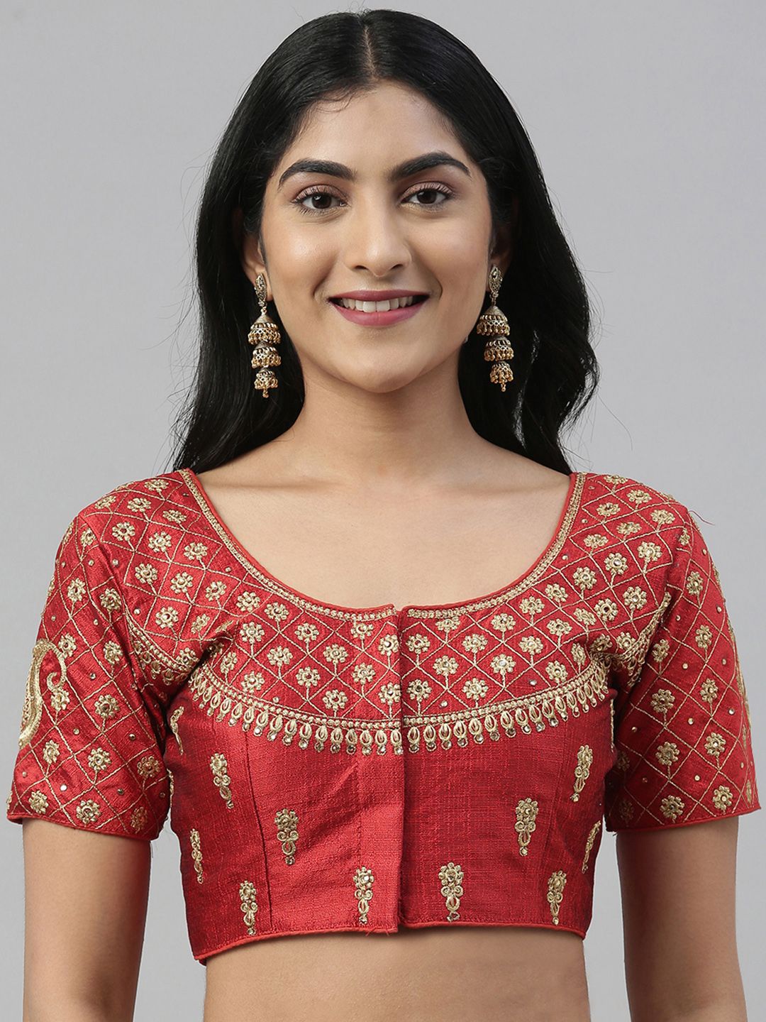 Mimosa Women Red & Golden Zari Embroidered Saree Blouse Price in India