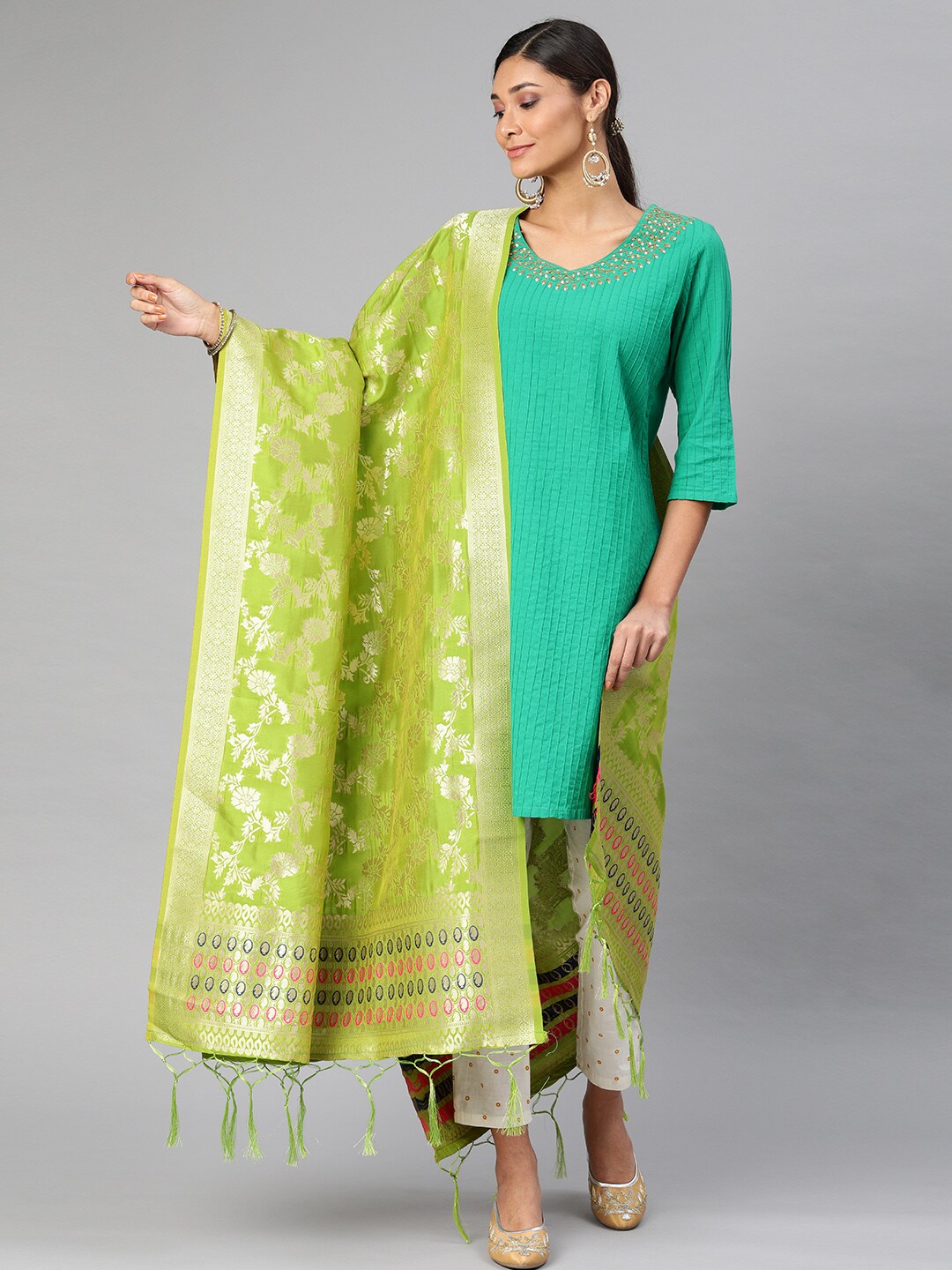 MIMOSA Lime Green & Gold-Toned Woven Design Dupatta Price in India