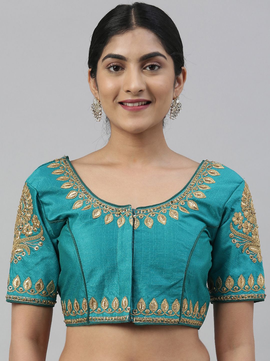 MIMOSA Women Teal Blue & Gold-Toned Embroidered Art Silk Saree Blouse Price in India