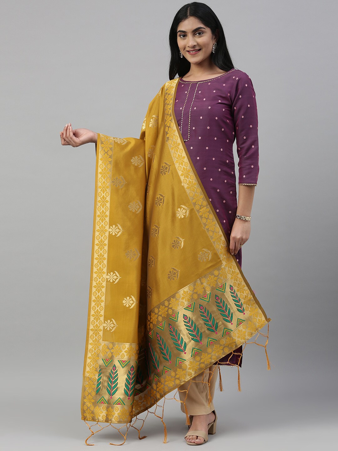 MIMOSA Yellow & Gold-Toned Woven Design Art Silk Dupatta Price in India