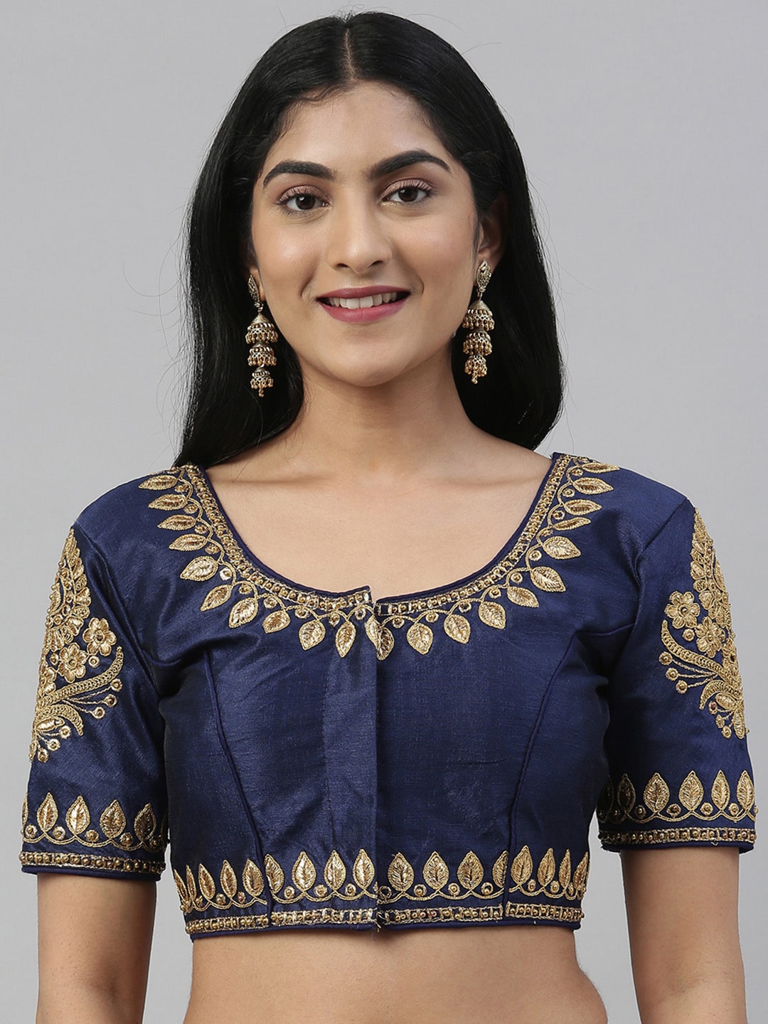 Mimosa Women Navy Blue & Golden Zari Embroidered Saree Blouse Price in India