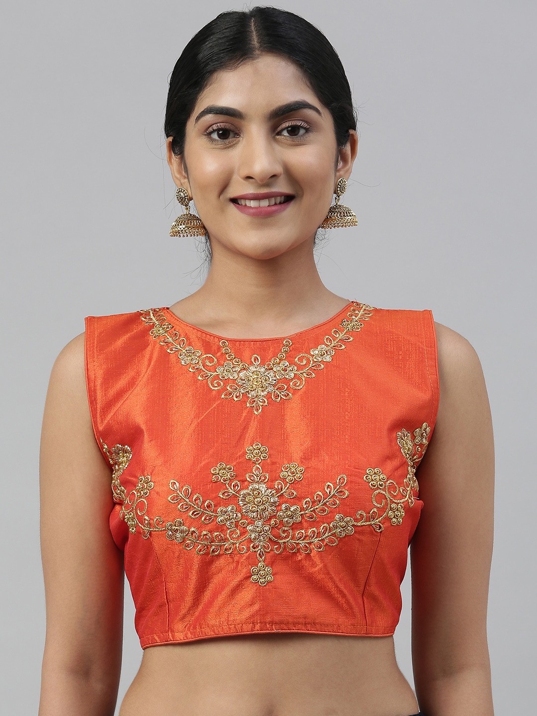 Mimosa Women Orange & Golden Zari Embroidered Sleeveless Saree Blouse Price in India