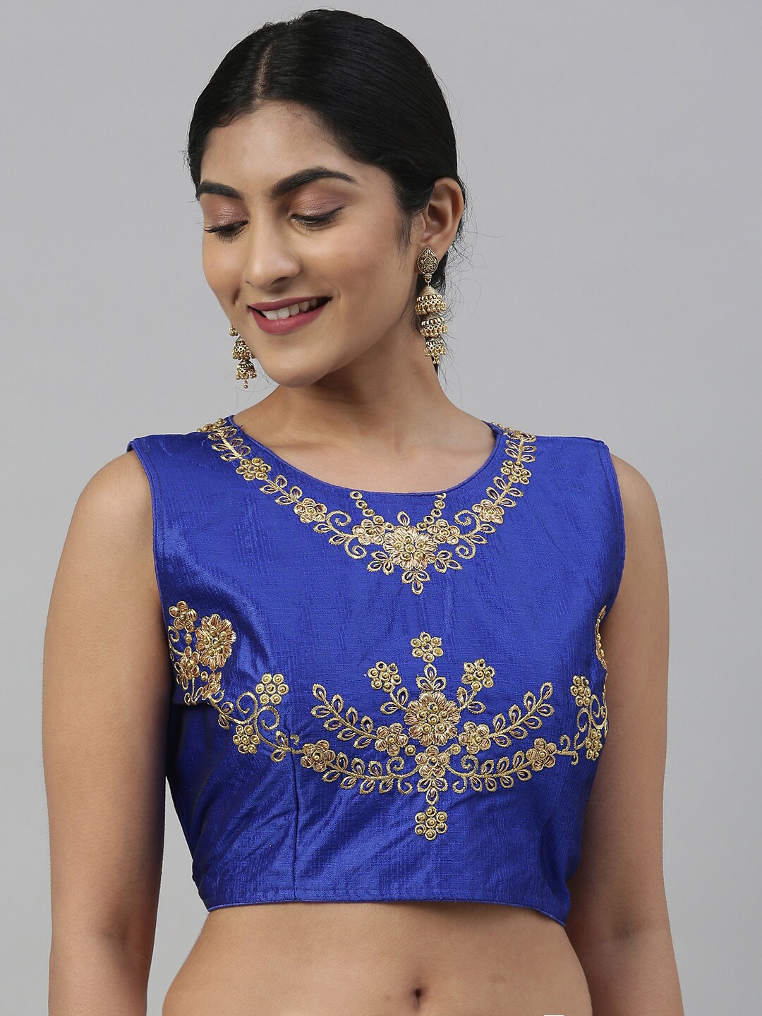 Mimosa Women Blue & Gold-Coloured Embroidered Readymade Art Silk Saree Blouse Price in India