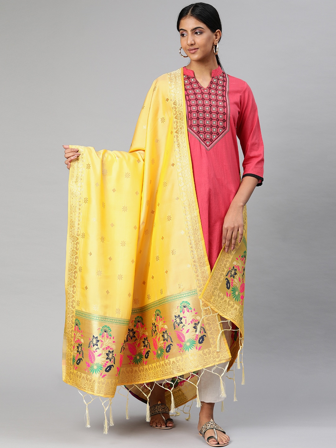 MIMOSA Yellow & Gold-Toned Woven Design Dupatta Price in India