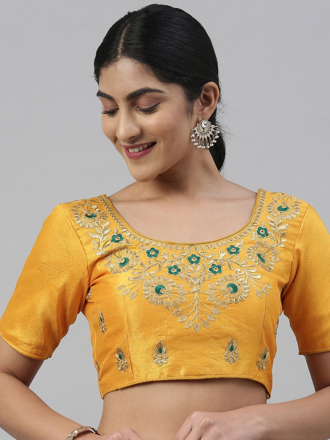 Mimosa Women Mustard Yellow & Golden Zari Embroidered Saree Blouse Price in India