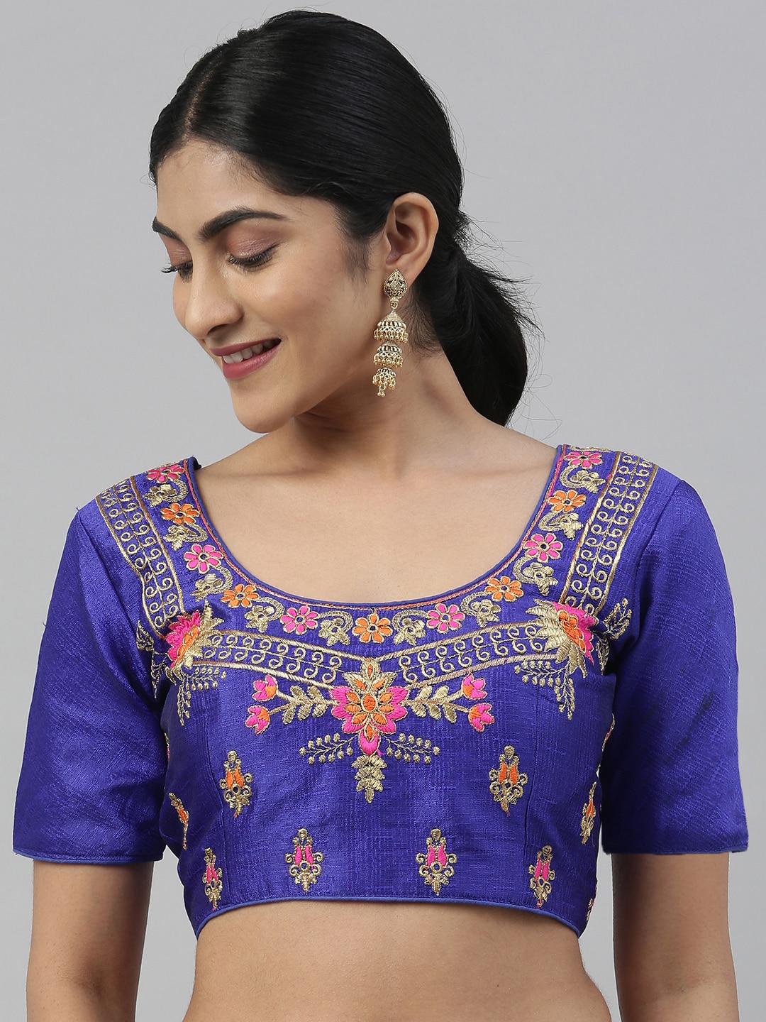 Mimosa Women Blue & Pink Zari Embroidered Saree Blouse Price in India