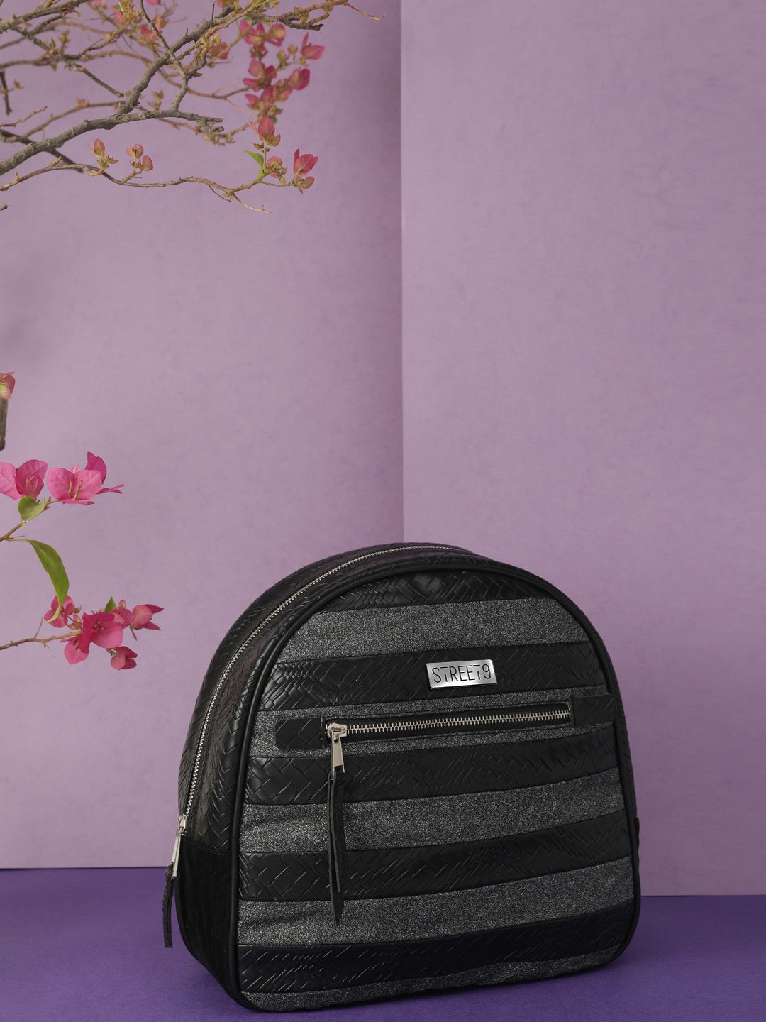 STREET 9 Women Black Striped Backpack Price in India