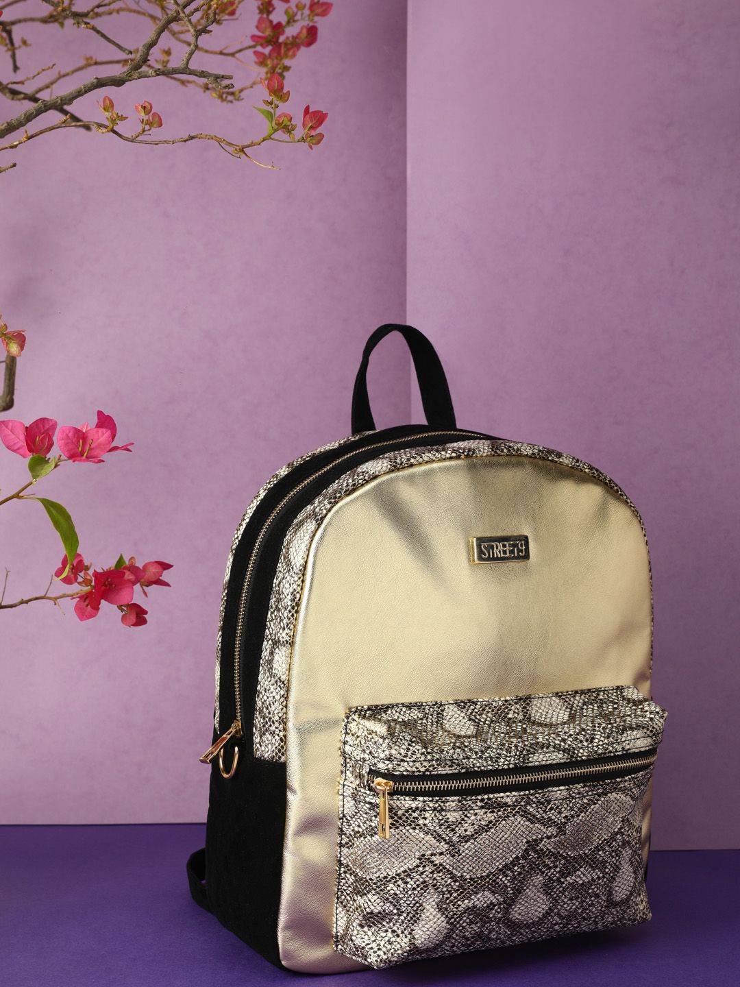 STREET 9 Women Gold-Toned & Black Snakeskin Patterned Backpack Price in India