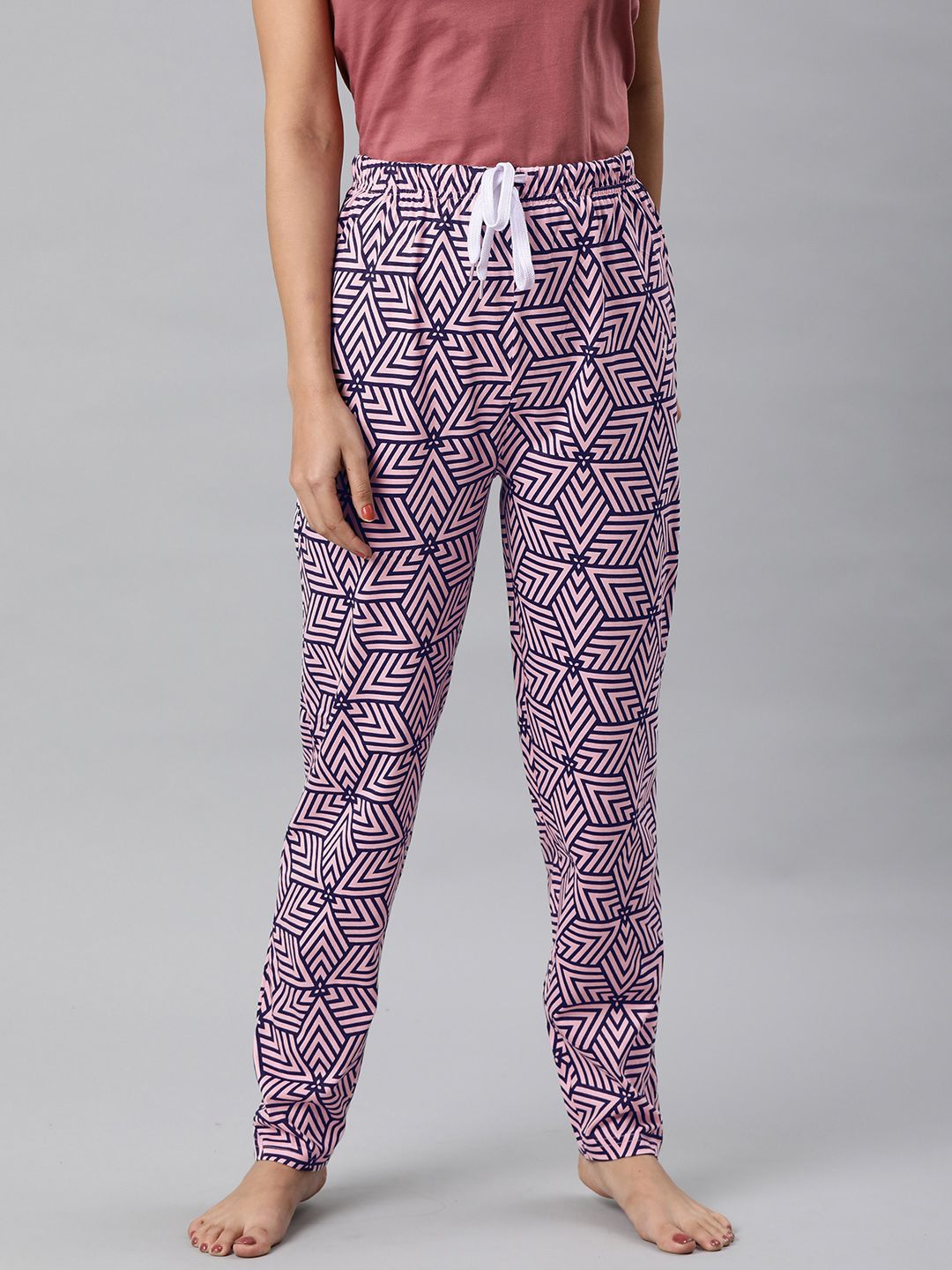 QUARANTINE Women Pink & Navy Blue Printed Lounge Pants Price in India