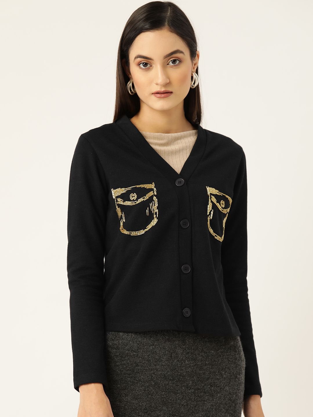 KASSUALLY Women Black Embellished Cardigan Sweater Price in India