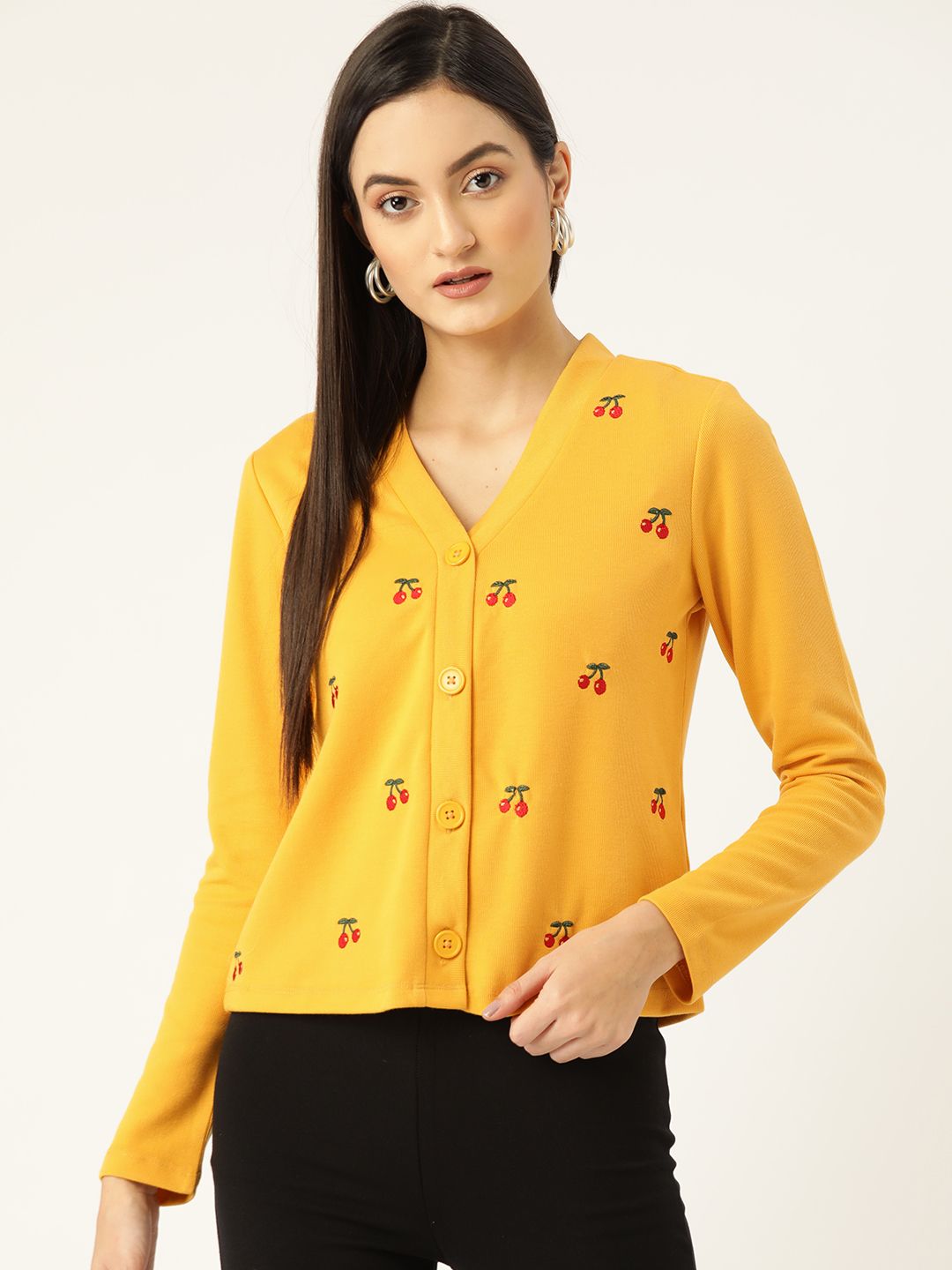 KASSUALLY Women Mustard Yellow Embroidered Cardigan Sweater Price in India