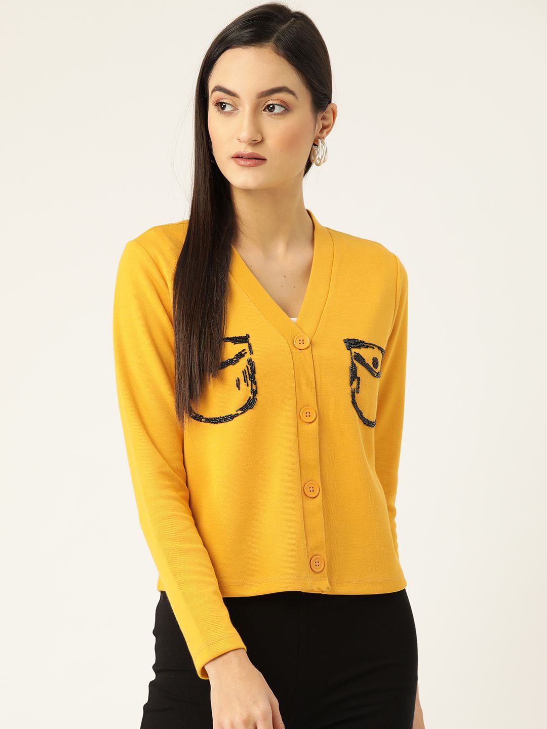 KASSUALLY Women Mustard Yellow Embellished Cardigan Sweater Price in India