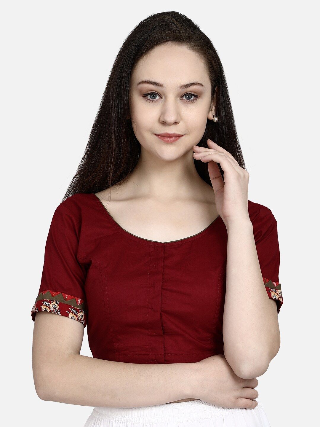 Molcha Women Maroon Solid Readymade Scalloped Saree Blouse Price in India