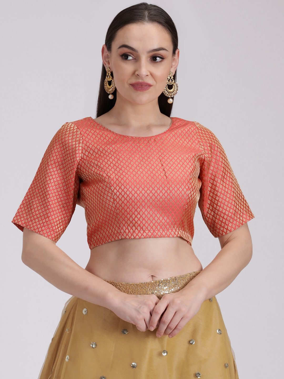 studio rasa Women Coral Orange & Gold-Coloured Woven-Design Brocade Saree Blouse Price in India