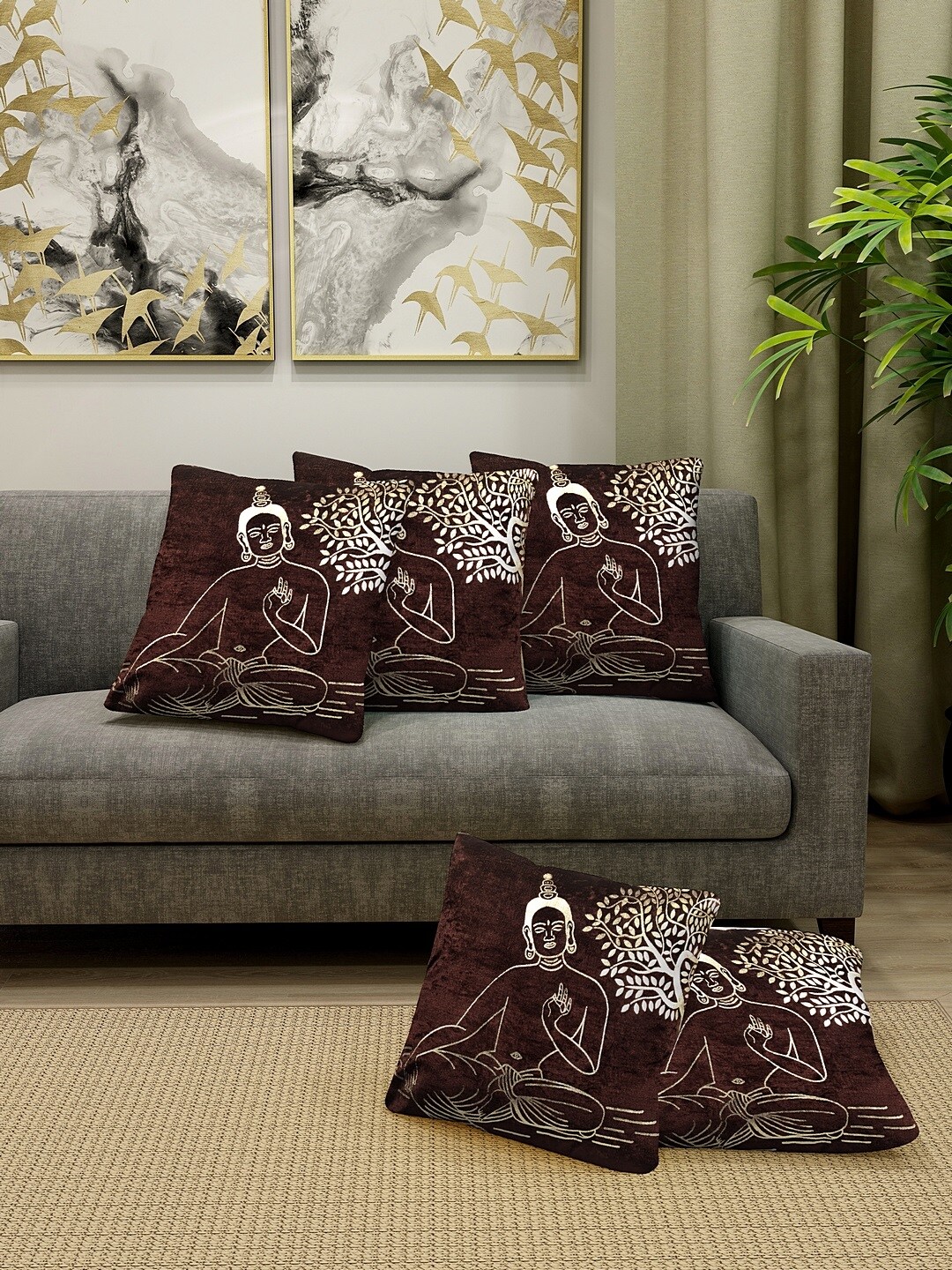 KLOTTHE Brown Set of 5 Quirky Square Cushion Covers Price in India