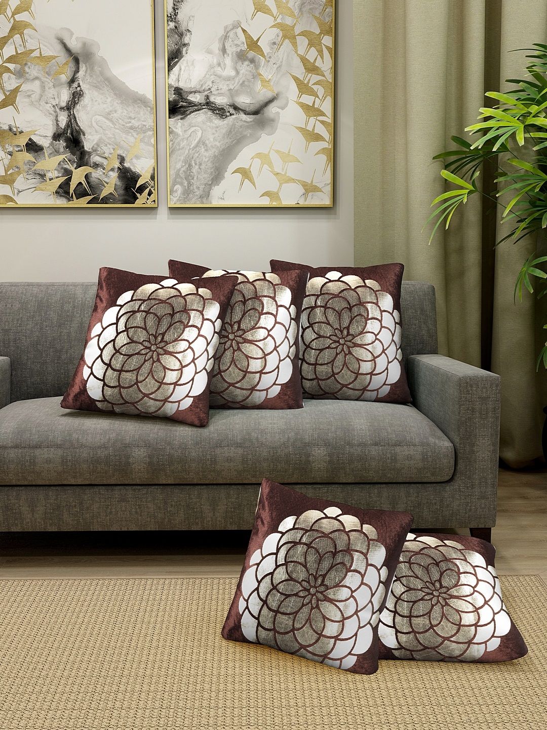 KLOTTHE Brown Set of 5 Abstract Square Cushion Covers Price in India