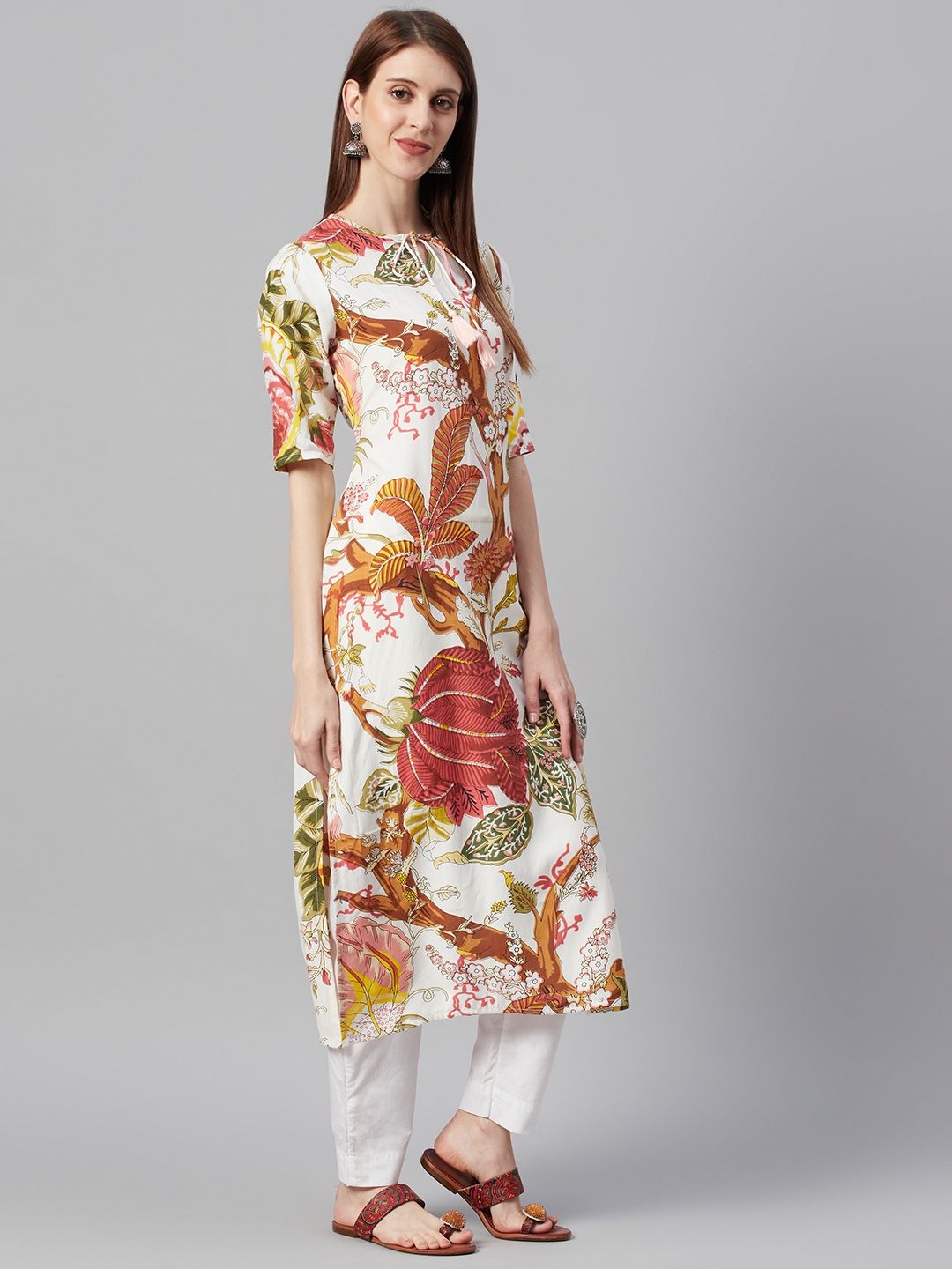 I AM FOR YOU Women Off-White & Brown Printed Straight Kurta