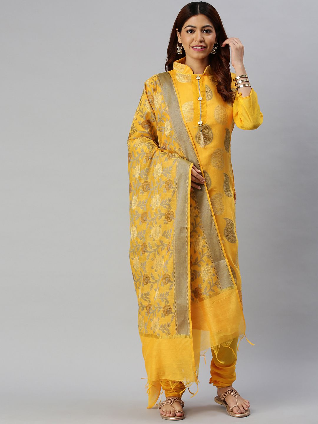 Blissta Mustard Yellow & Gold-Toned Silk Blend Unstitched Dress Material Price in India